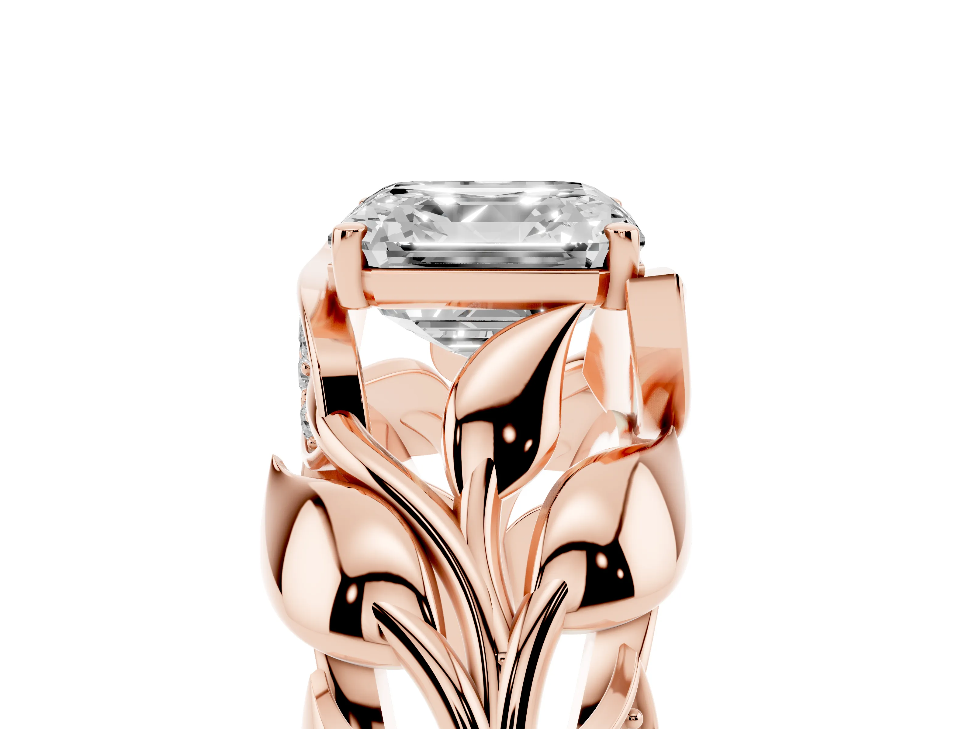 Asscher Cut Diamond Leaf-Inspired Engagement Ring Set in Rose gold with Round Accents
