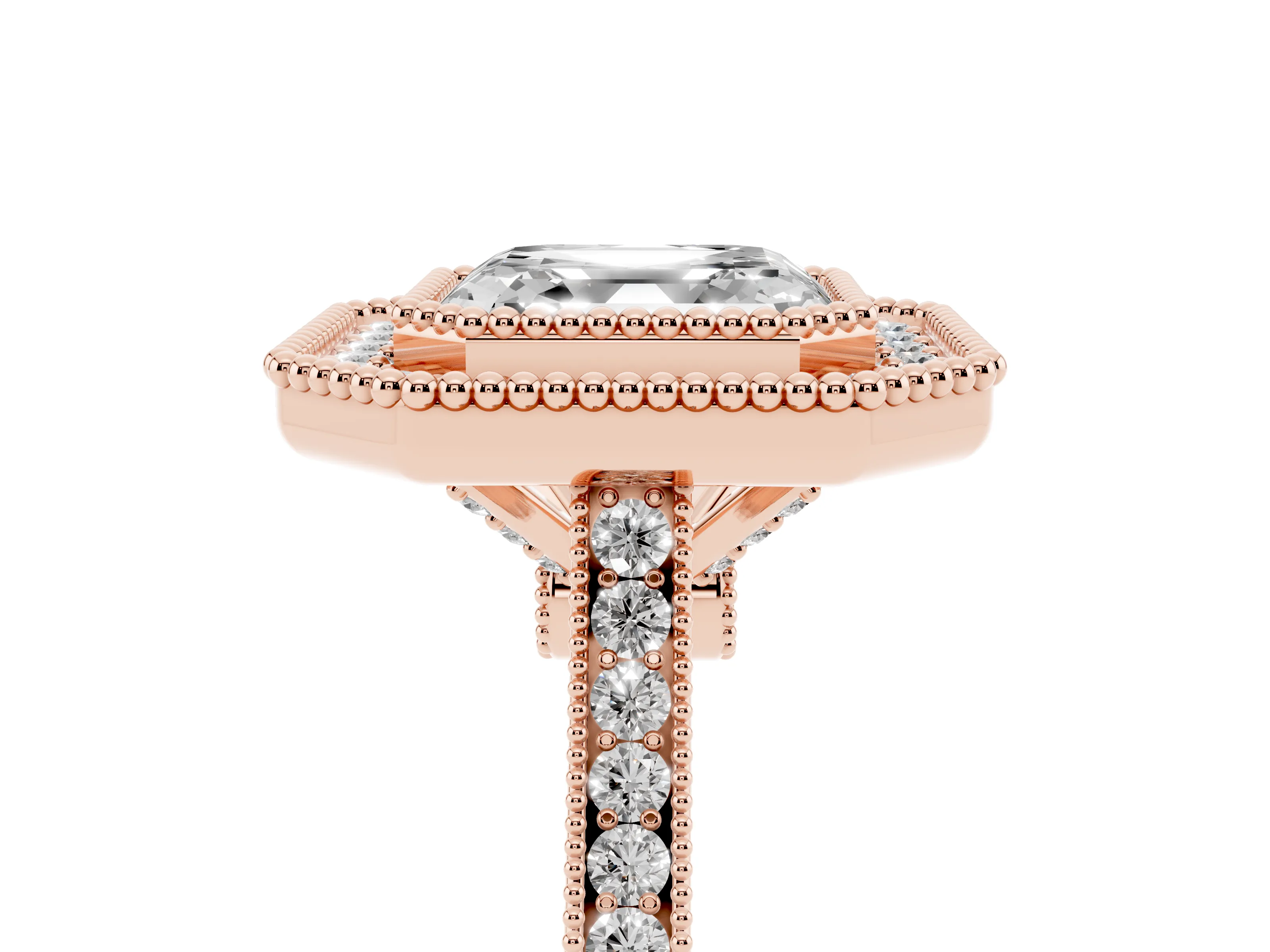 Asscher Cut Diamond Halo Ring Set in Rose gold with Milgrain Frame and Pavé Band