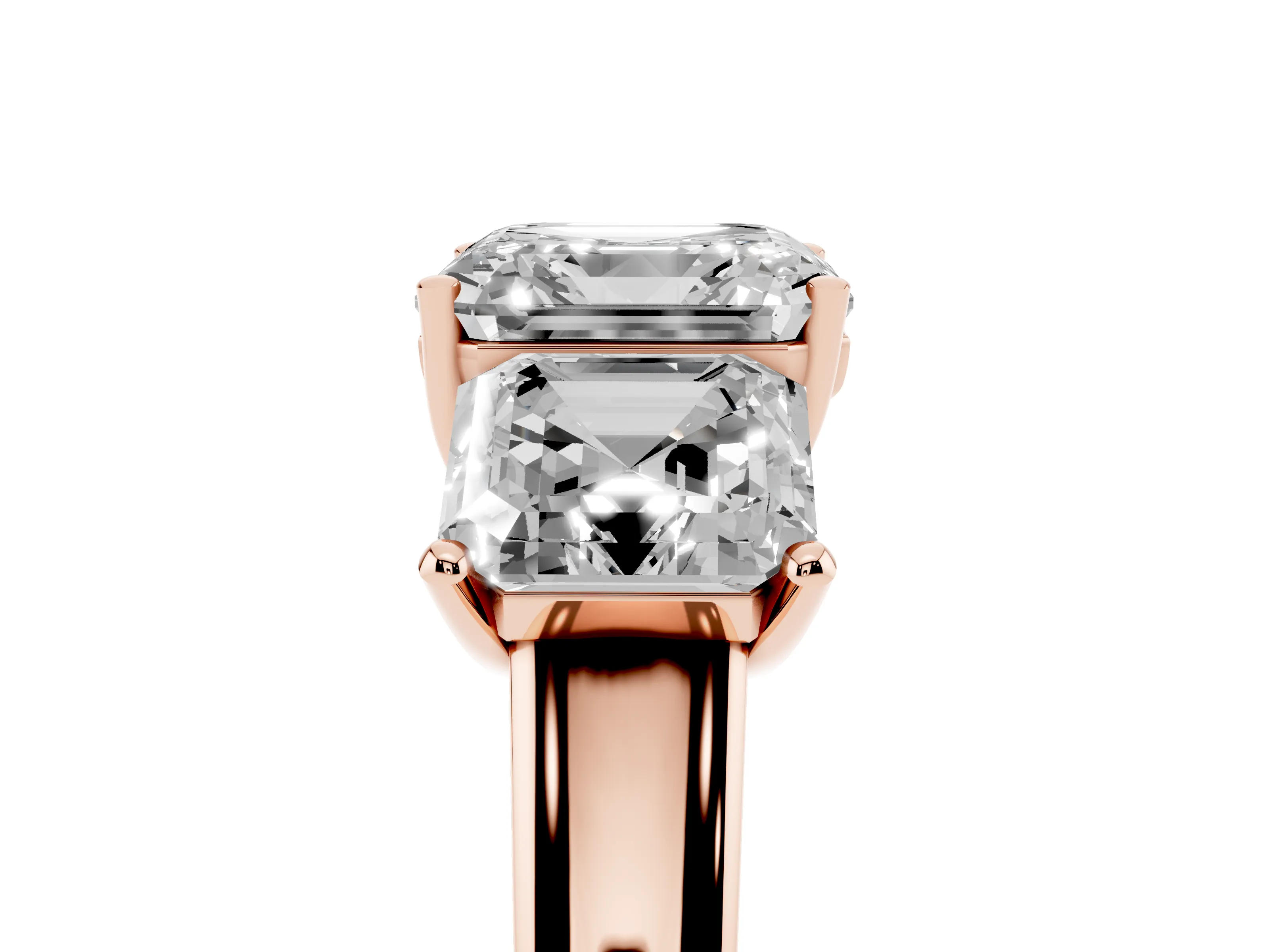 Asscher Cut Diamond Three-Stone Ring Set in Rose gold with Classic Prong Setting and Plain Band