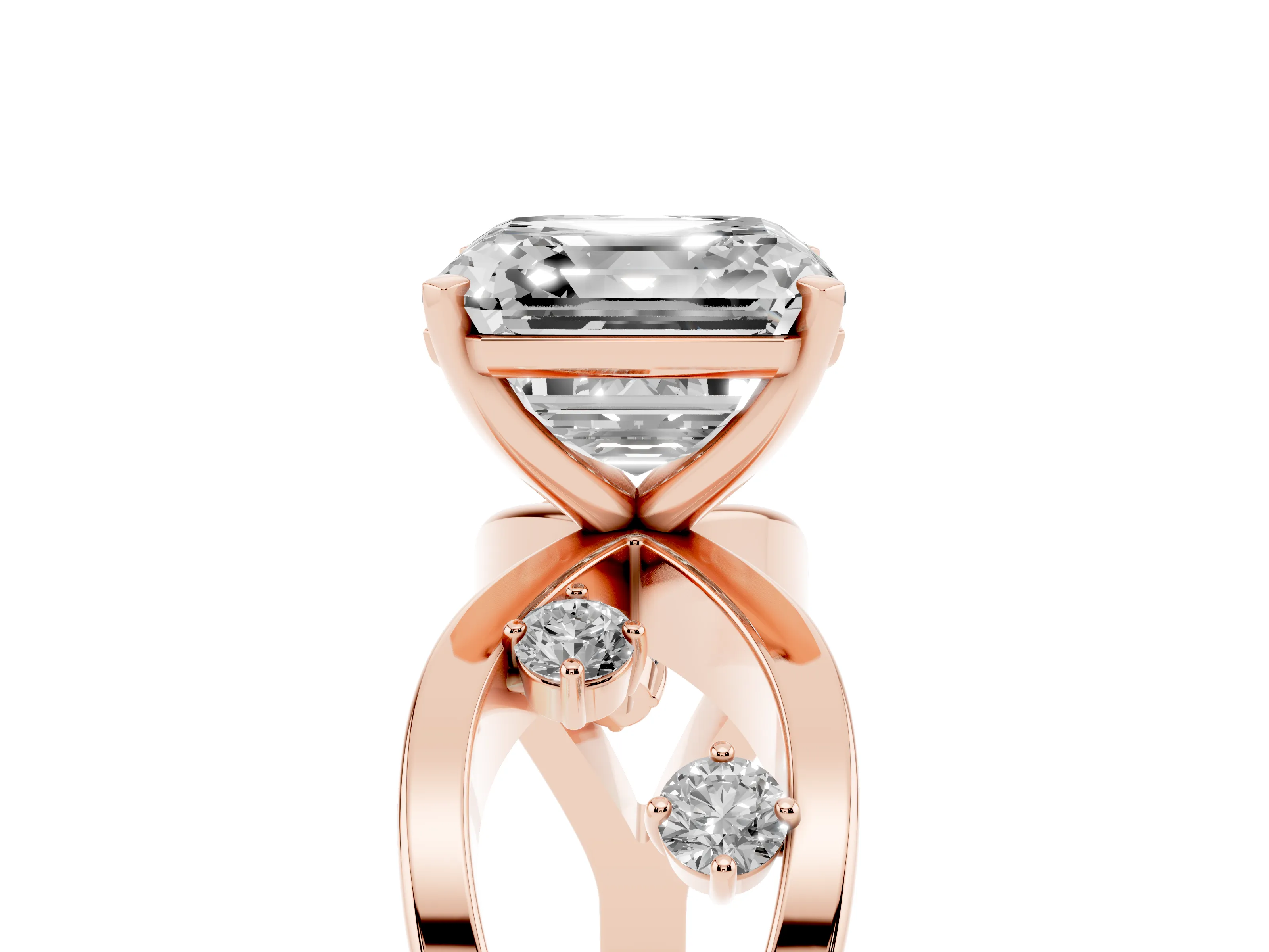 Asscher Cut Diamond Solitaire Ring Set in Rose gold with Side Stones on Criss-Cross Band and Prong Setting