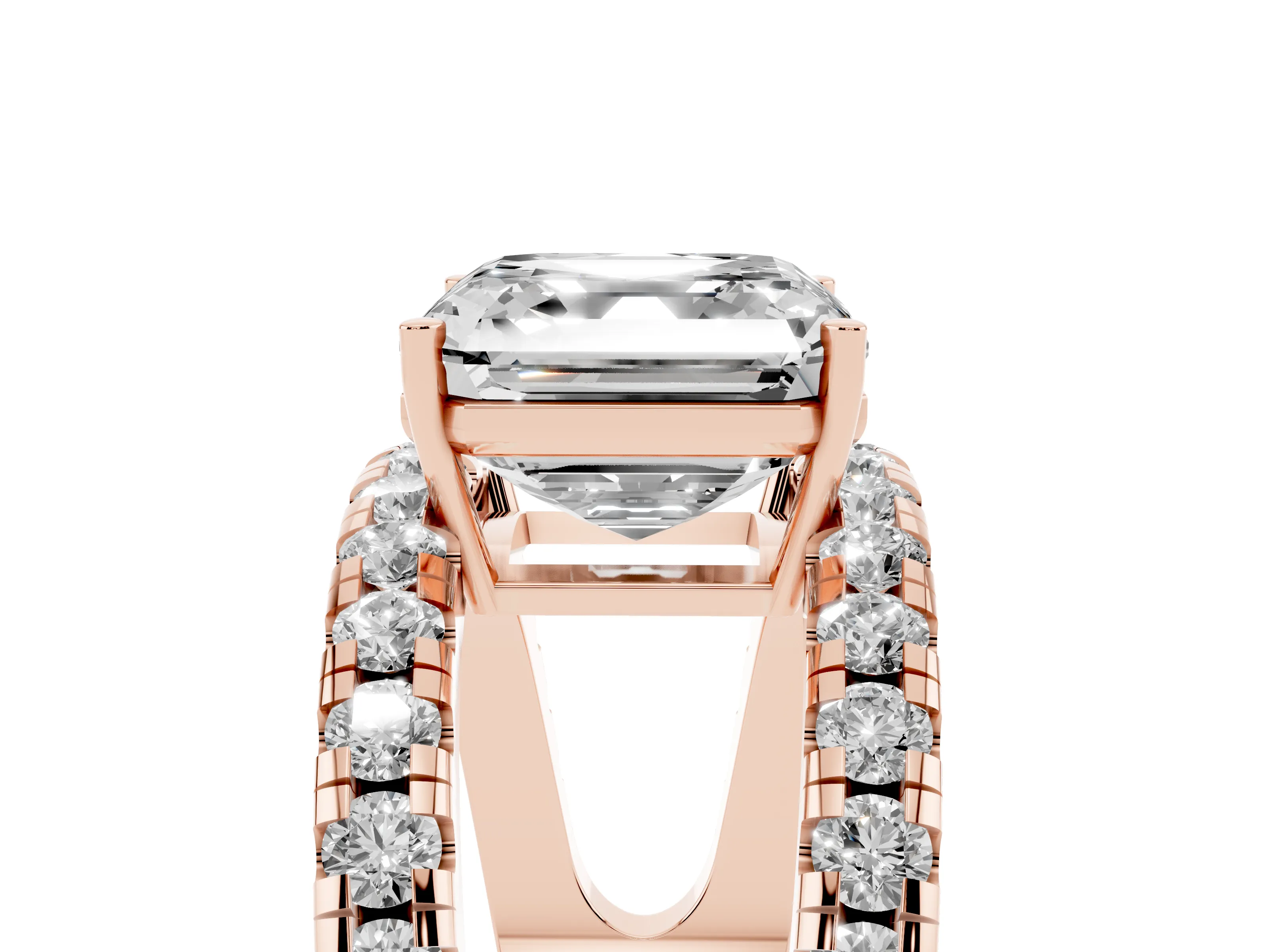Asscher Cut Diamond Split Shank Pavé Solitaire Ring Set in Rose gold with Open Shank Design