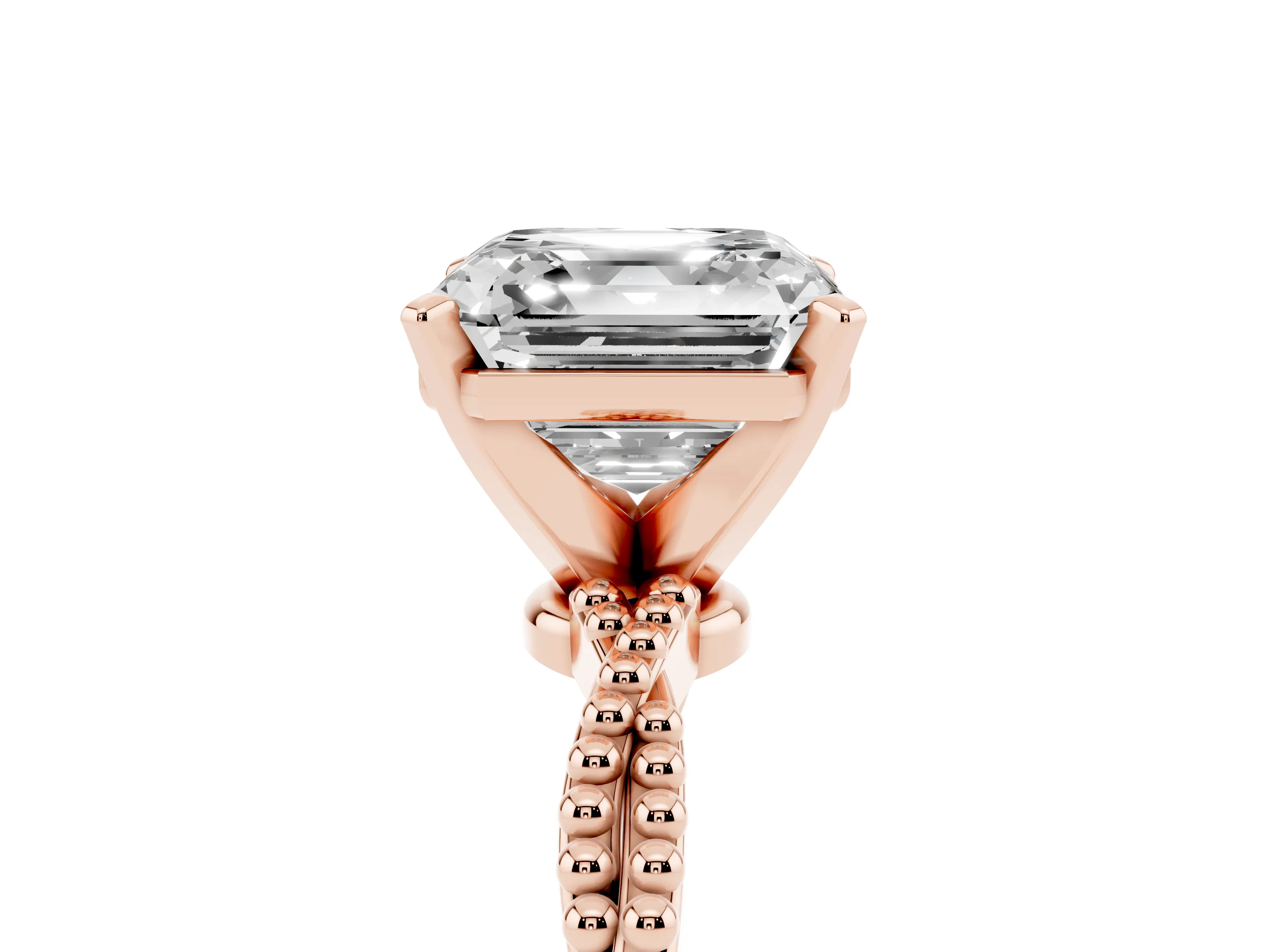 Asscher Cut Diamond Solitaire Ring Set in Rose gold with Twisted Band and Bead Prong Setting