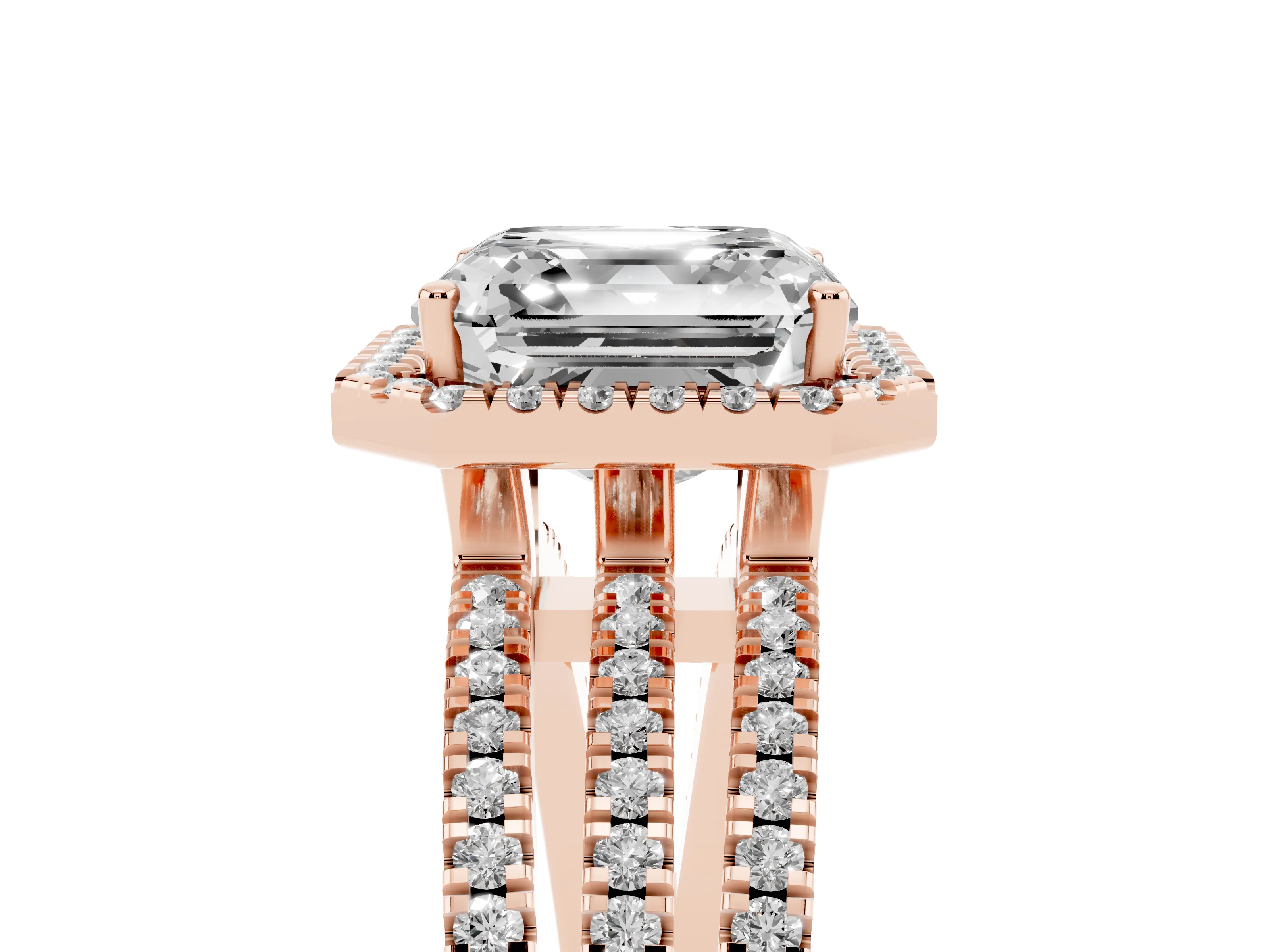 Asscher Cut Diamond Halo Split Shank Engagement Ring Set in Rose gold with Prong Setting