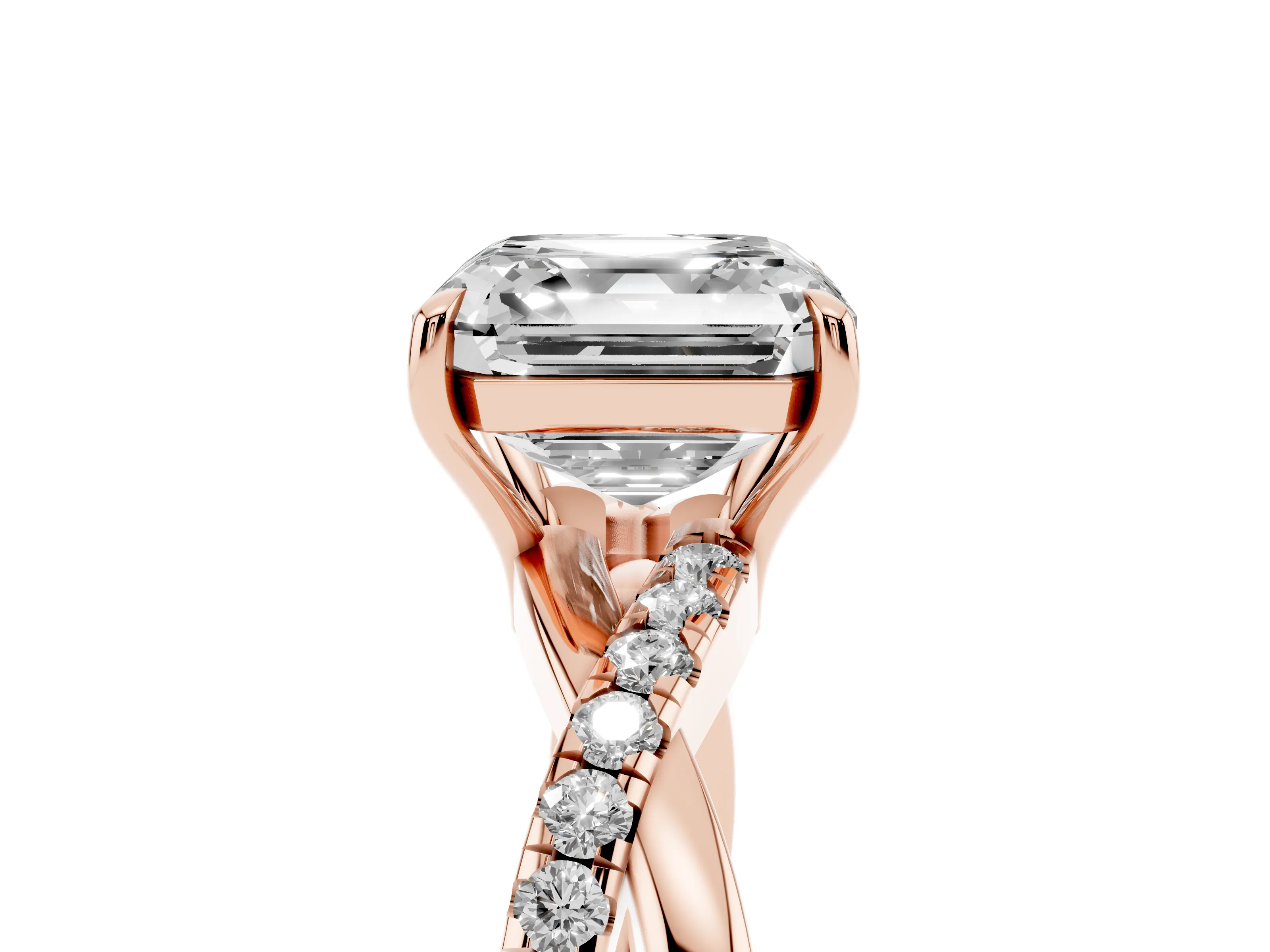 Asscher Cut Diamond Twisted Pavé Band Ring Set in Rose gold with Prong Setting