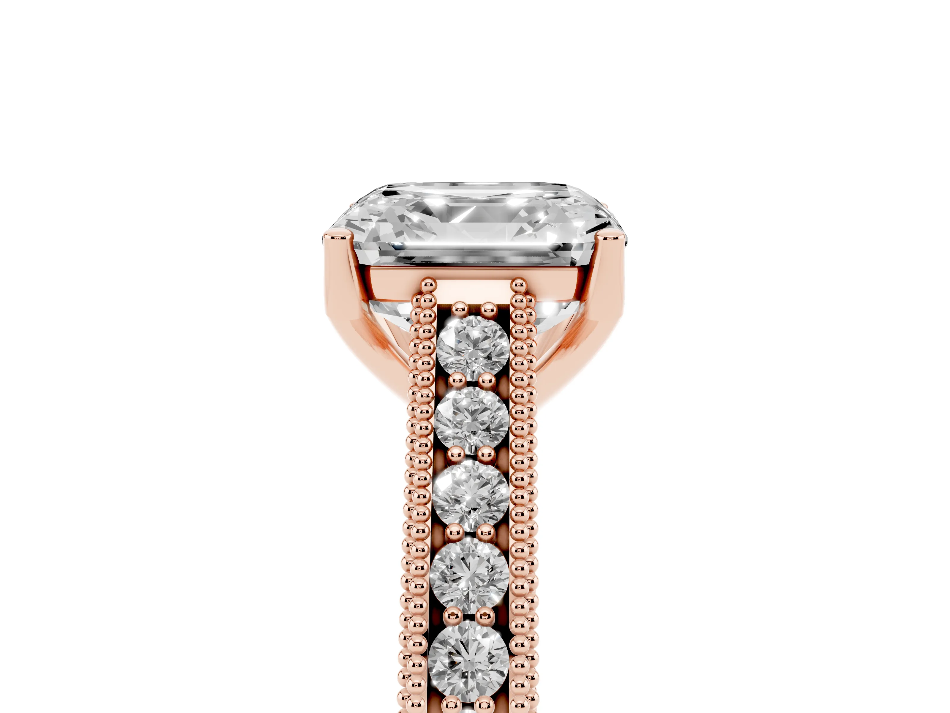 Asscher Cut Diamond Milgrain Pavé Band Solitaire Ring Set in Rose gold with Prong Setting