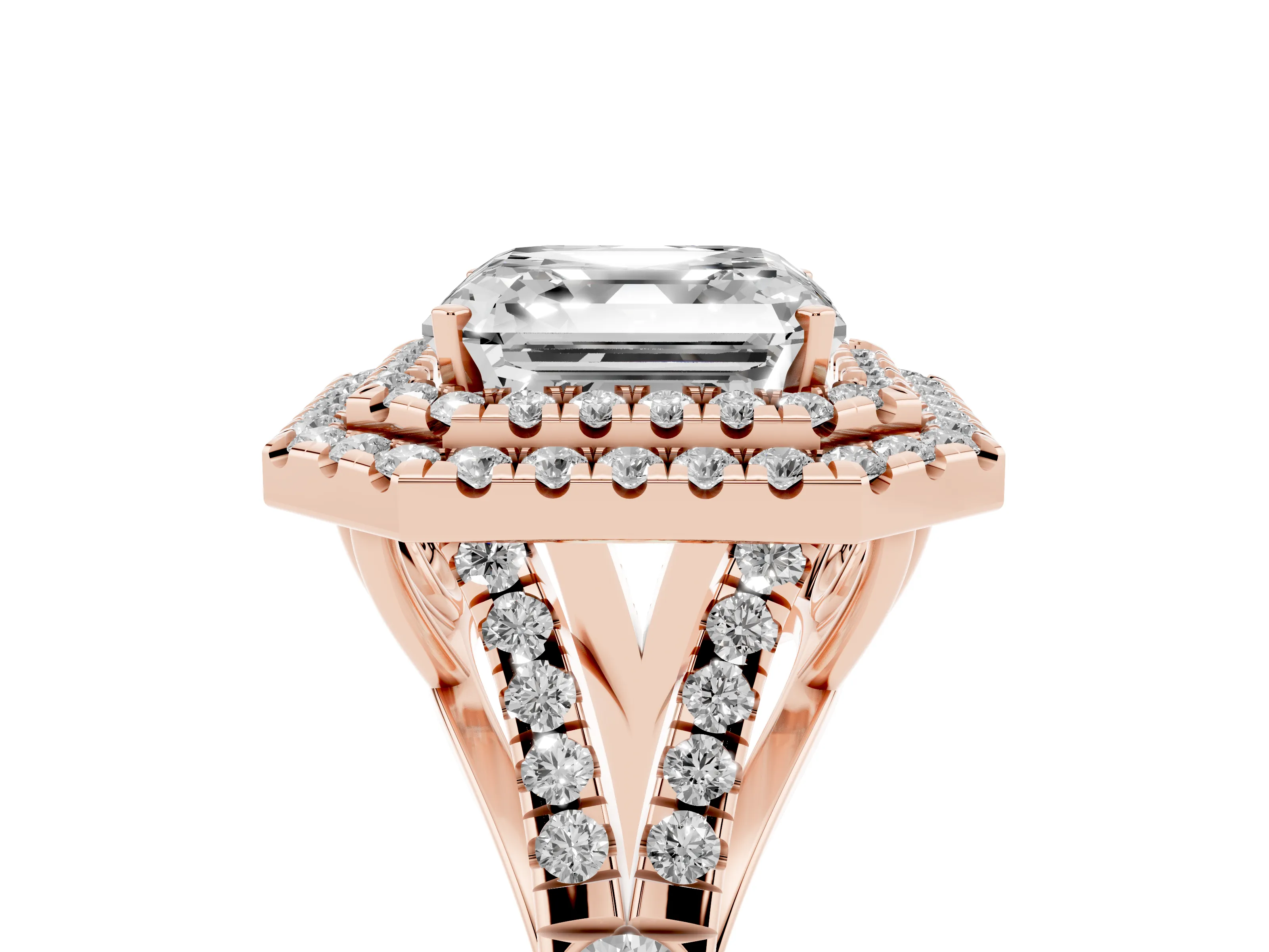 Asscher Cut Diamond Pavé Split Shank Double Halo Engagement Ring Set in Rose gold