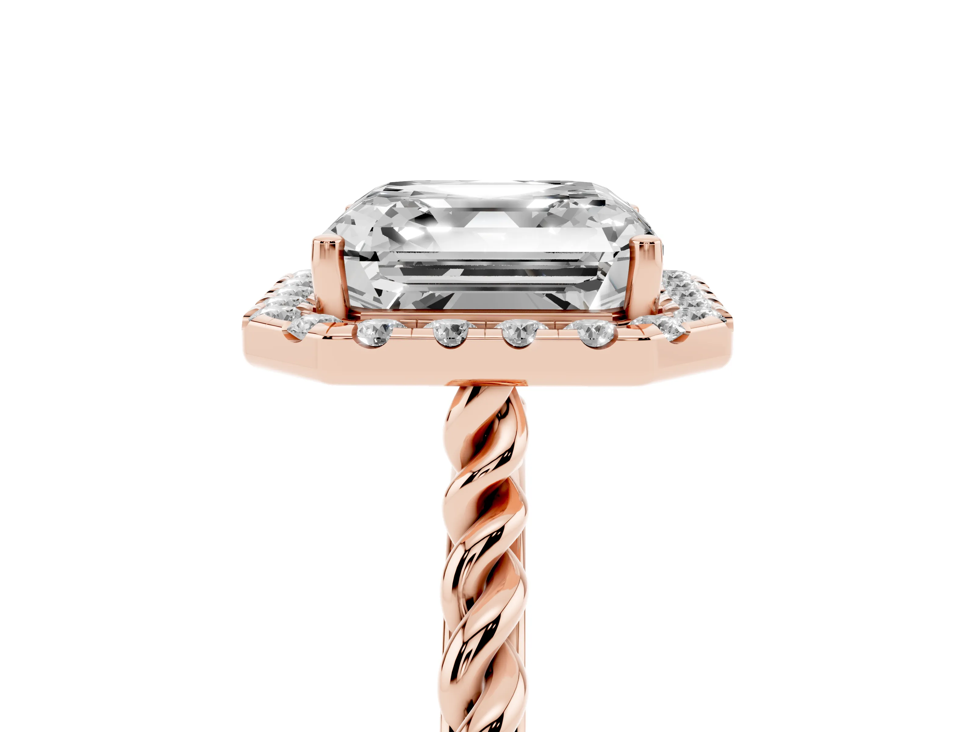 Asscher Cut Diamond Halo Ring Set in Rose gold with Plain Twisted Band