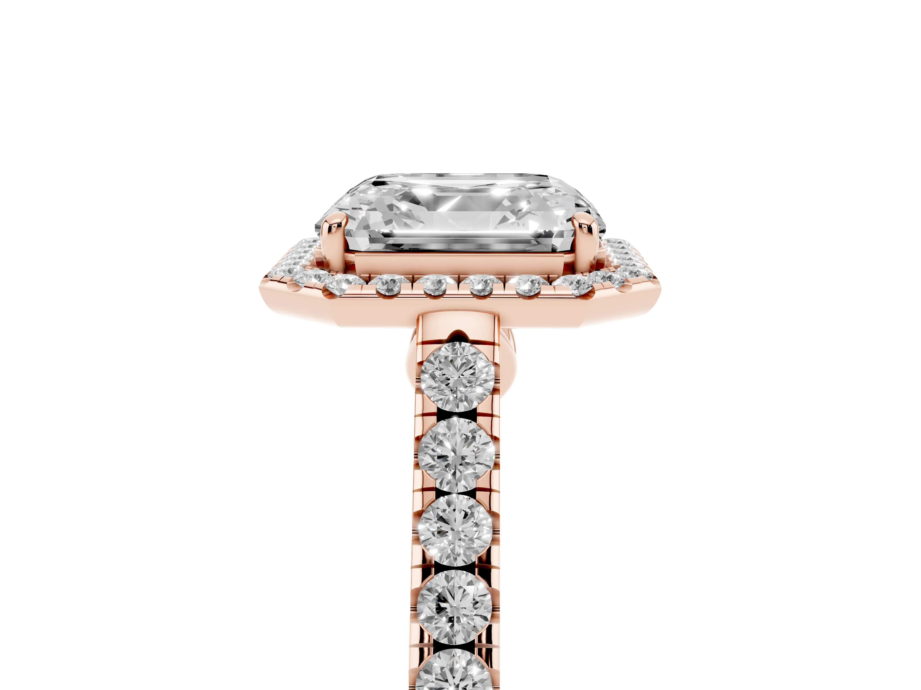 Asscher Cut Diamond Halo Pavé Engagement Ring Set in Rose gold with Prong Setting