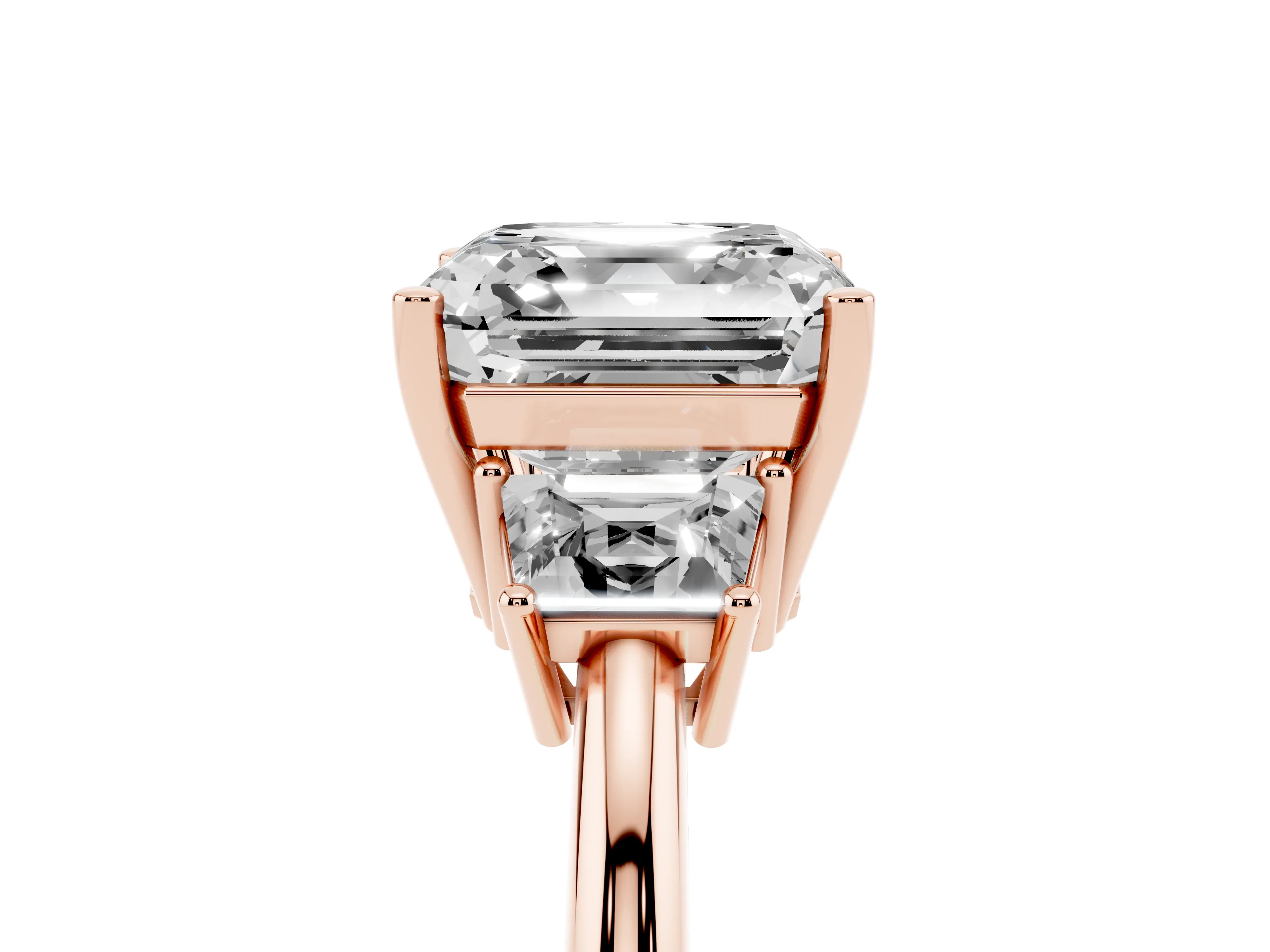 Asscher Cut Diamond Three-Stone Ring Set in Rose gold with Trapezoid Side Stones and Prong Setting