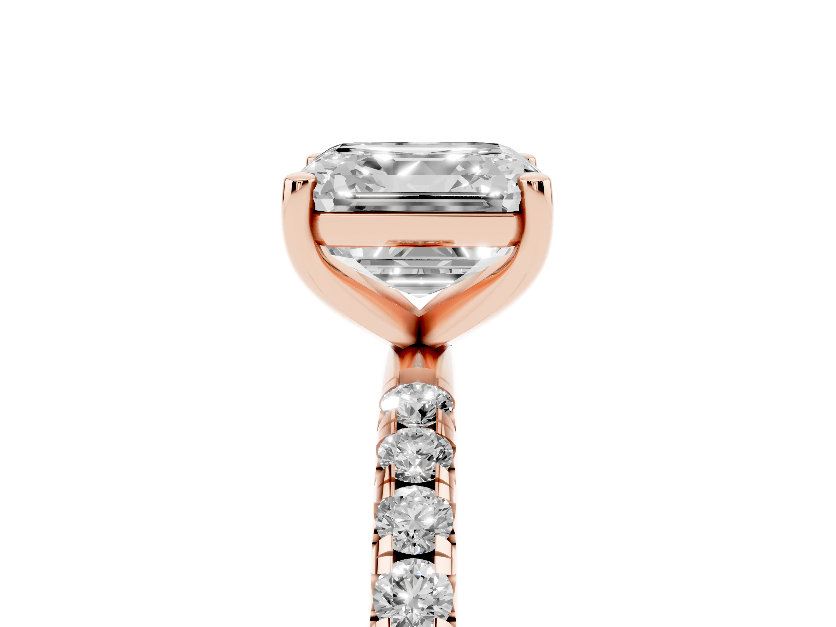 Asscher Cut Diamond Solitaire Ring Set in Rose gold with Micro Pavé Band and Prong Setting