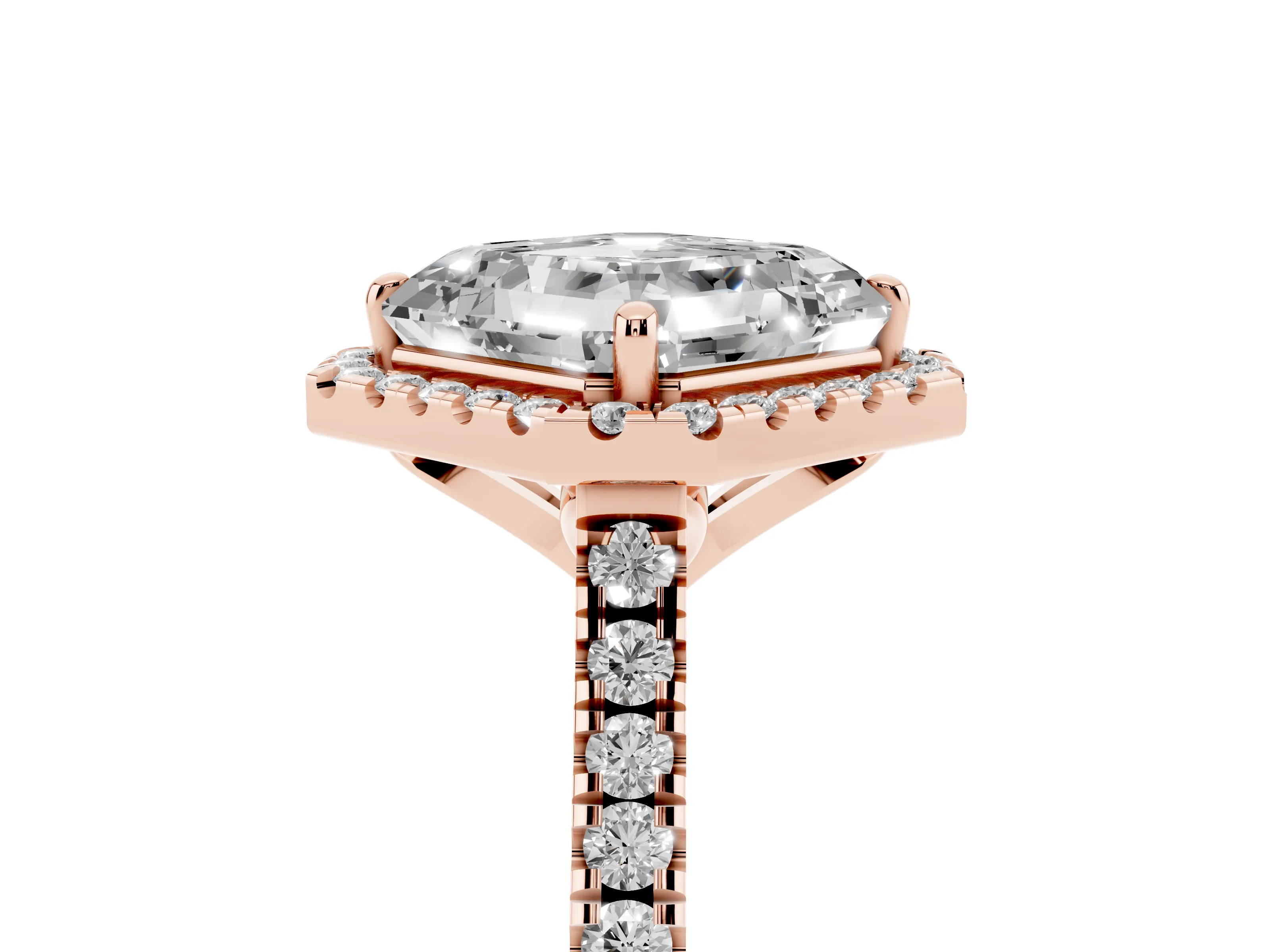 Asscher Cut Diamond Cushion Halo Ring Set in Rose gold with Pavé Band