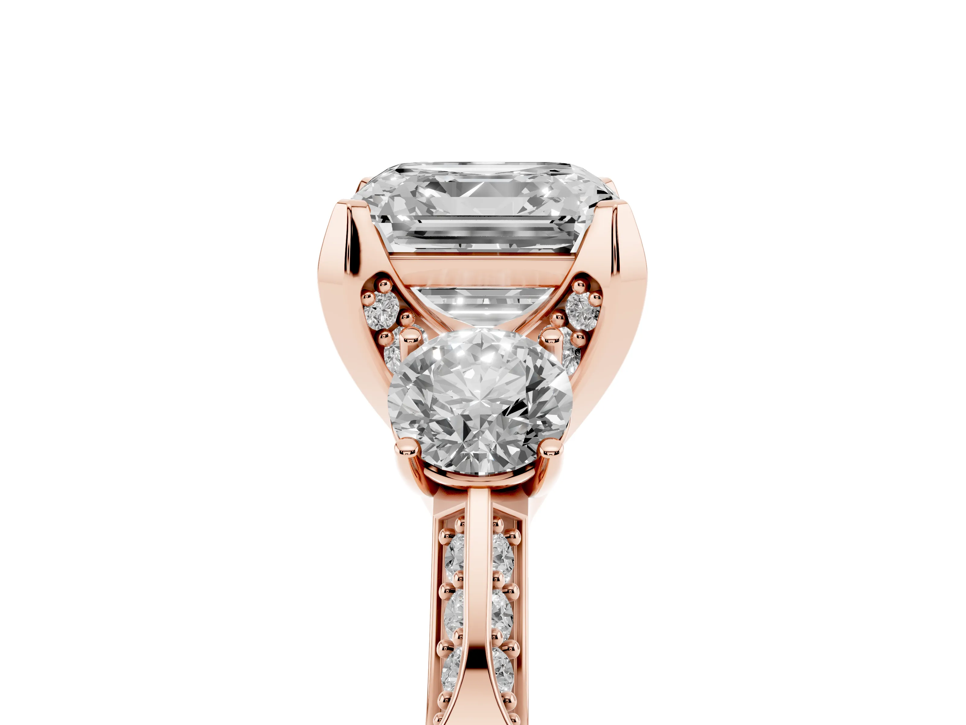 Asscher Cut Diamond Three-Stone Ring Set in Rose gold with Pavé Band and Smaller Side Stones