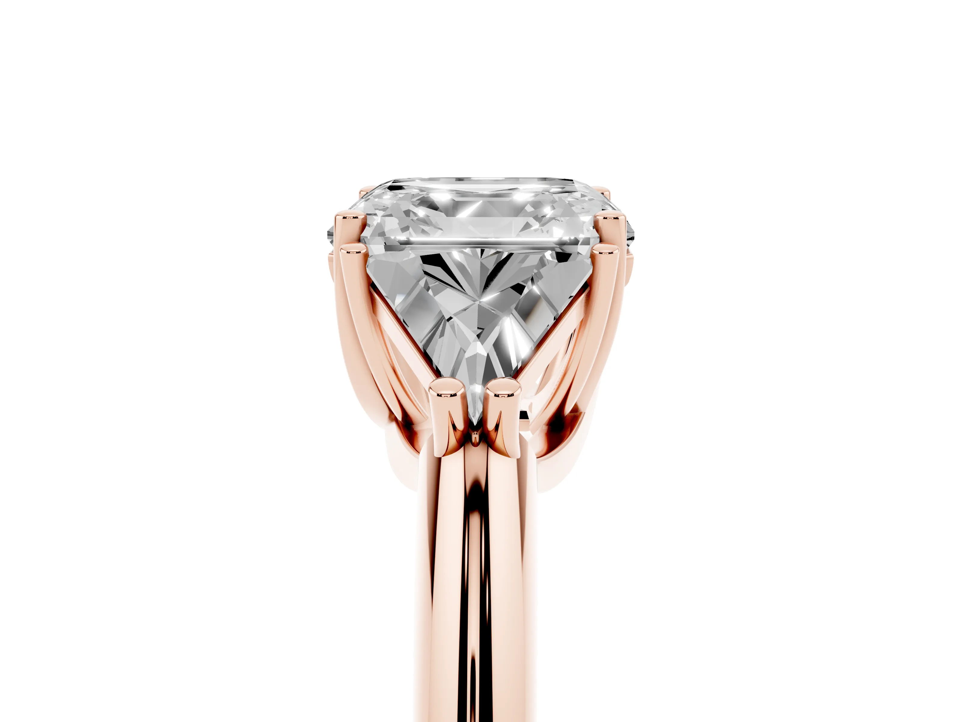 Asscher Cut Diamond Three-Stone Engagement Ring Set in Rose gold with Trillion Side Stones