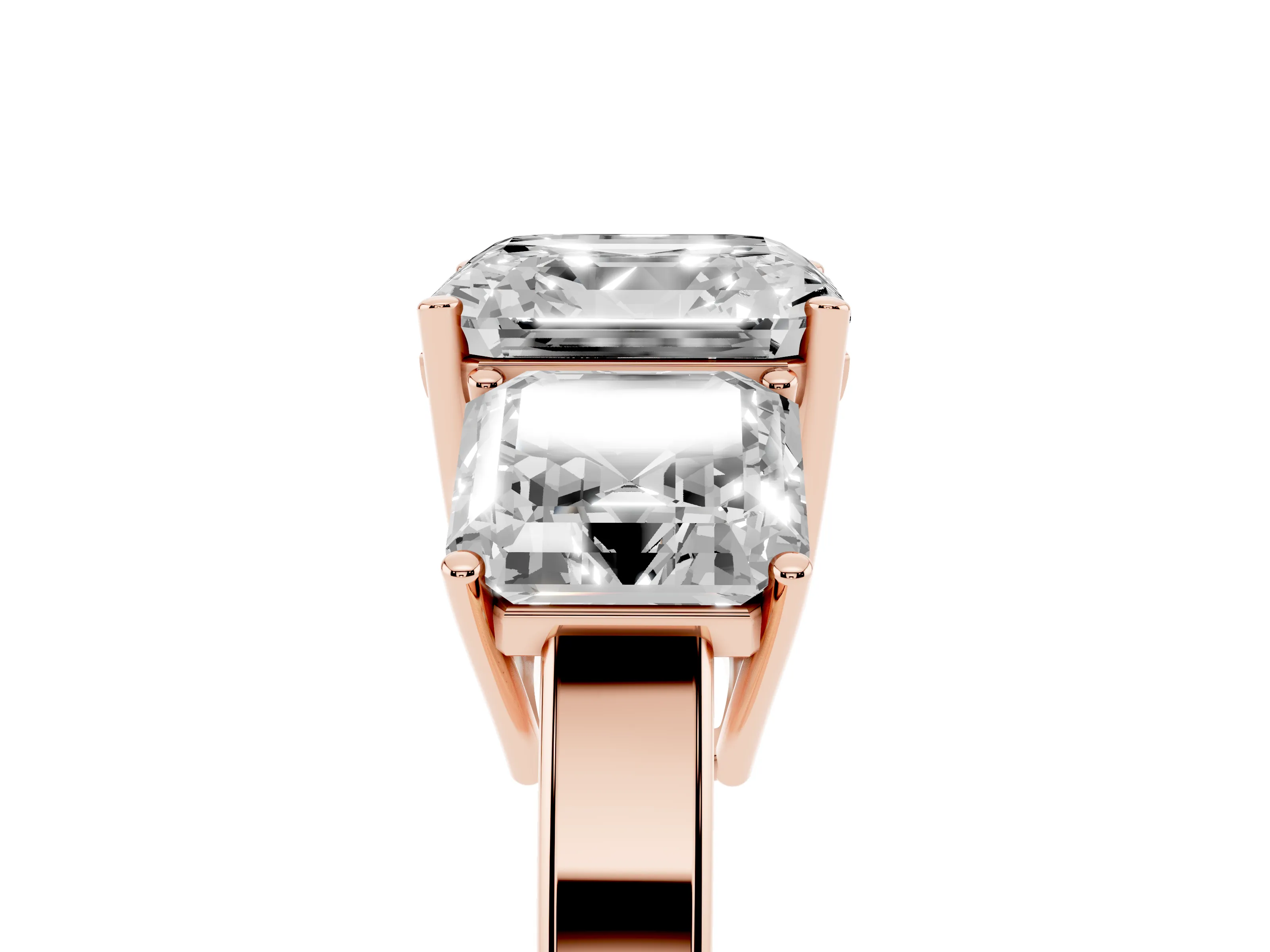 Asscher Cut Diamond Three-Stone Engagement Ring Set in Rose gold with Flat Band