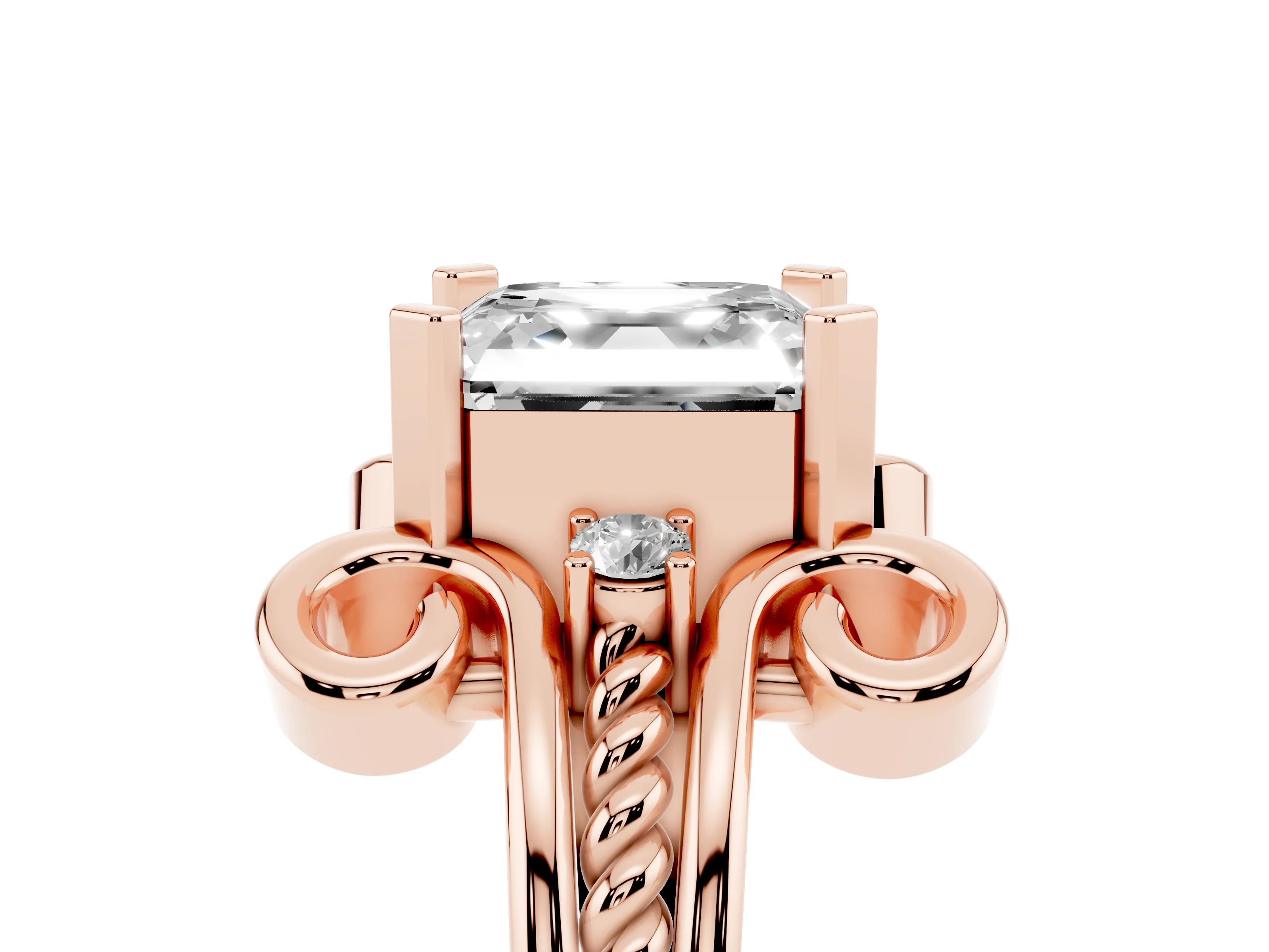 Asscher Cut Diamond Twisted Band Solitaire Ring Set in Rose gold with Scroll Prongs