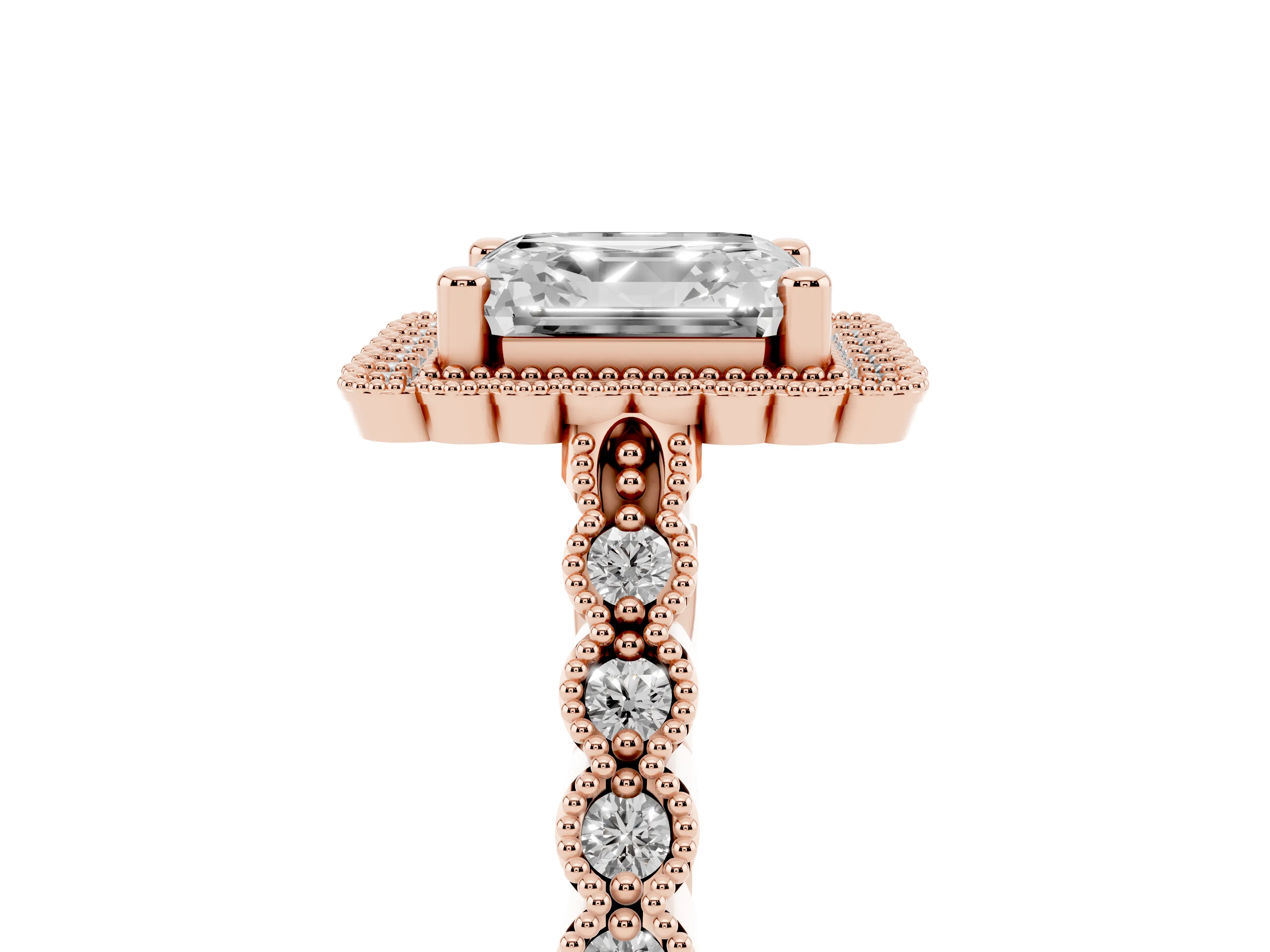 Asscher Cut Diamond Halo Ring Set in Rose gold with Pavé Milgrain Band