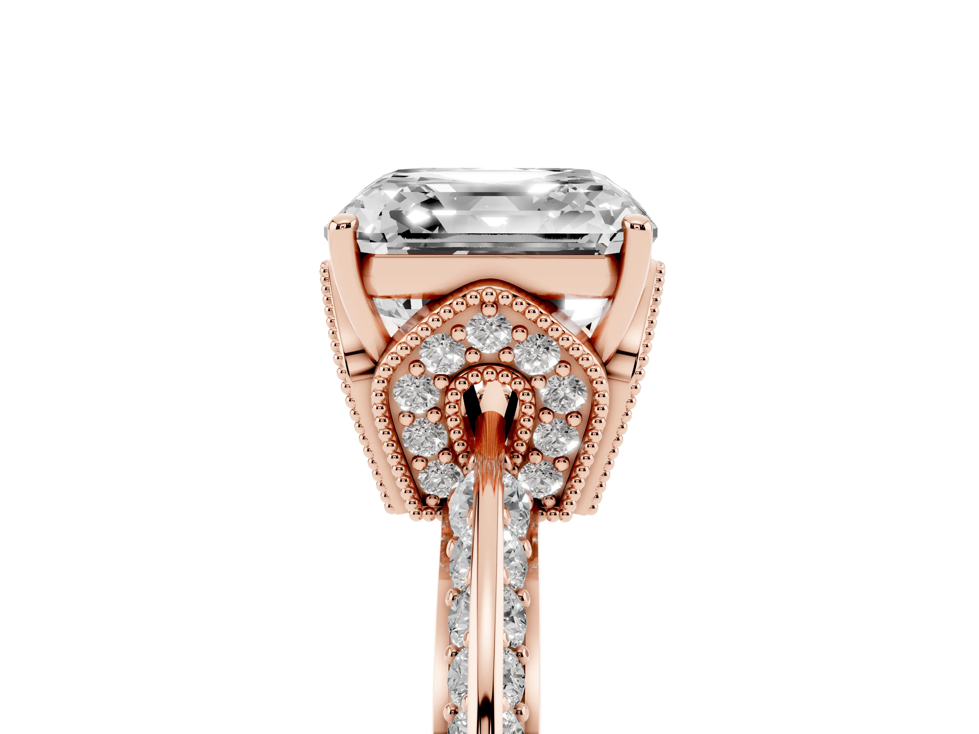 Asscher Cut Diamond Solitaire Engagement Ring Set in Rose gold with Pavé Split Shank and Prong Setting