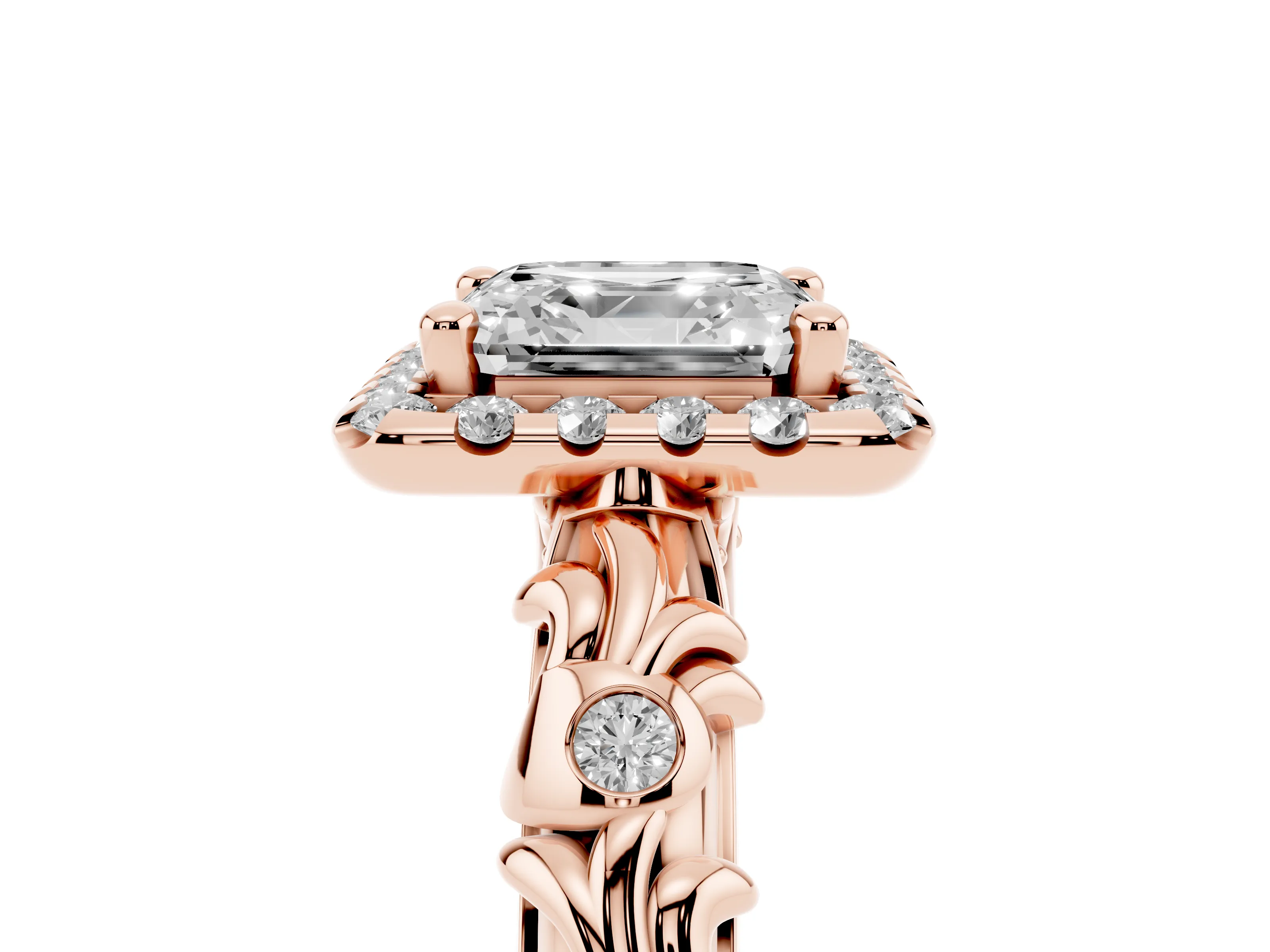 Asscher Cut Diamond Halo Ring Set in Rose gold with Filigree Leaf Band and Prong Setting