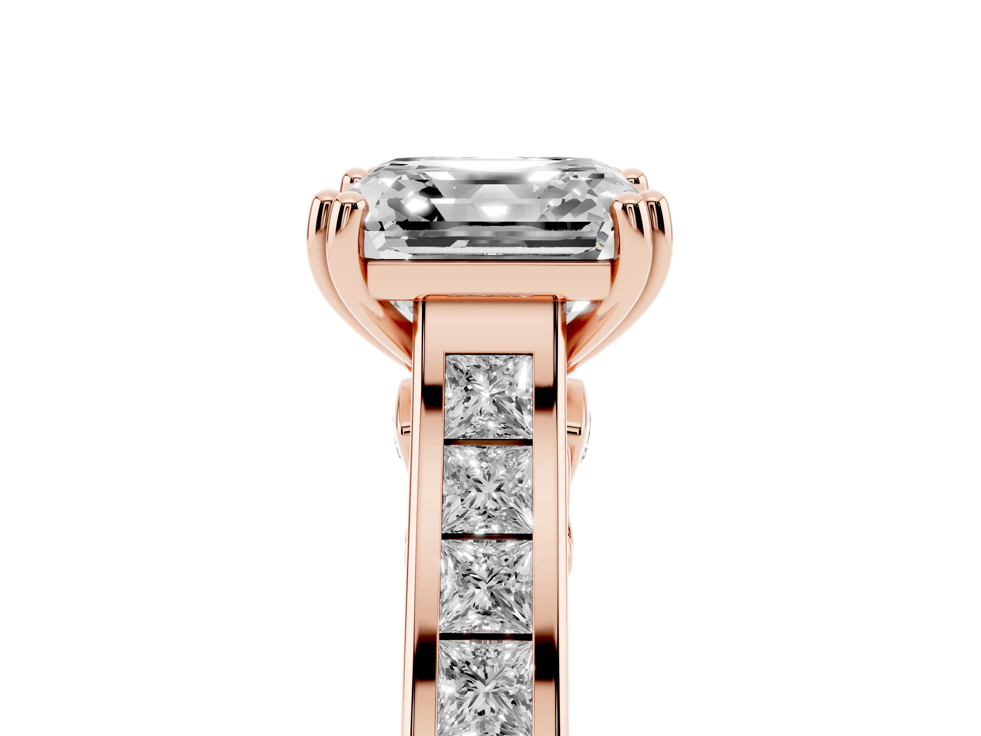 Asscher Cut Diamond Channel Set Solitaire Engagement Ring Set in Rose gold with Prong Setting