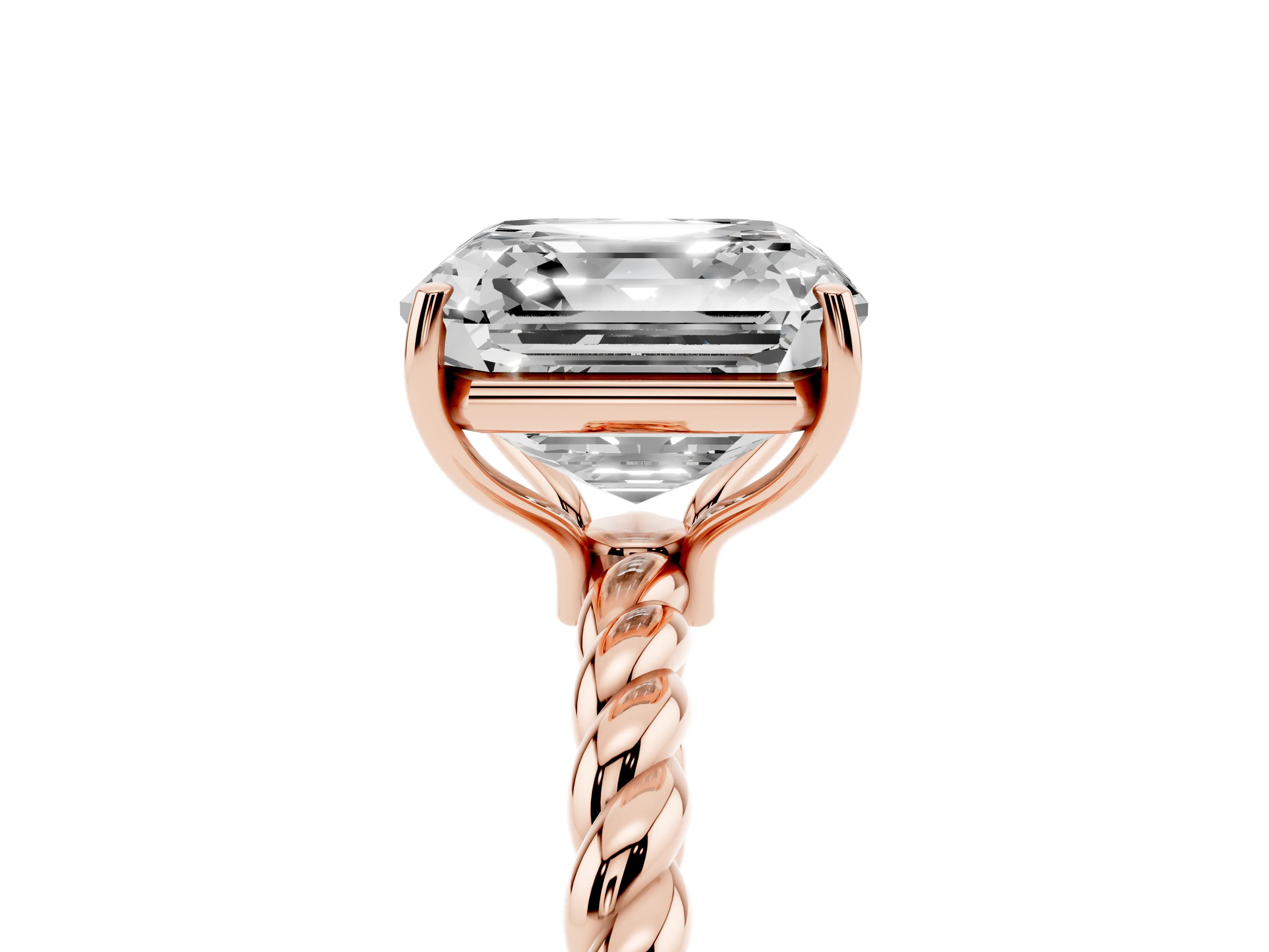 Asscher Cut Diamond Solitaire Ring Set in Rose gold with Twist Band and Prong Setting