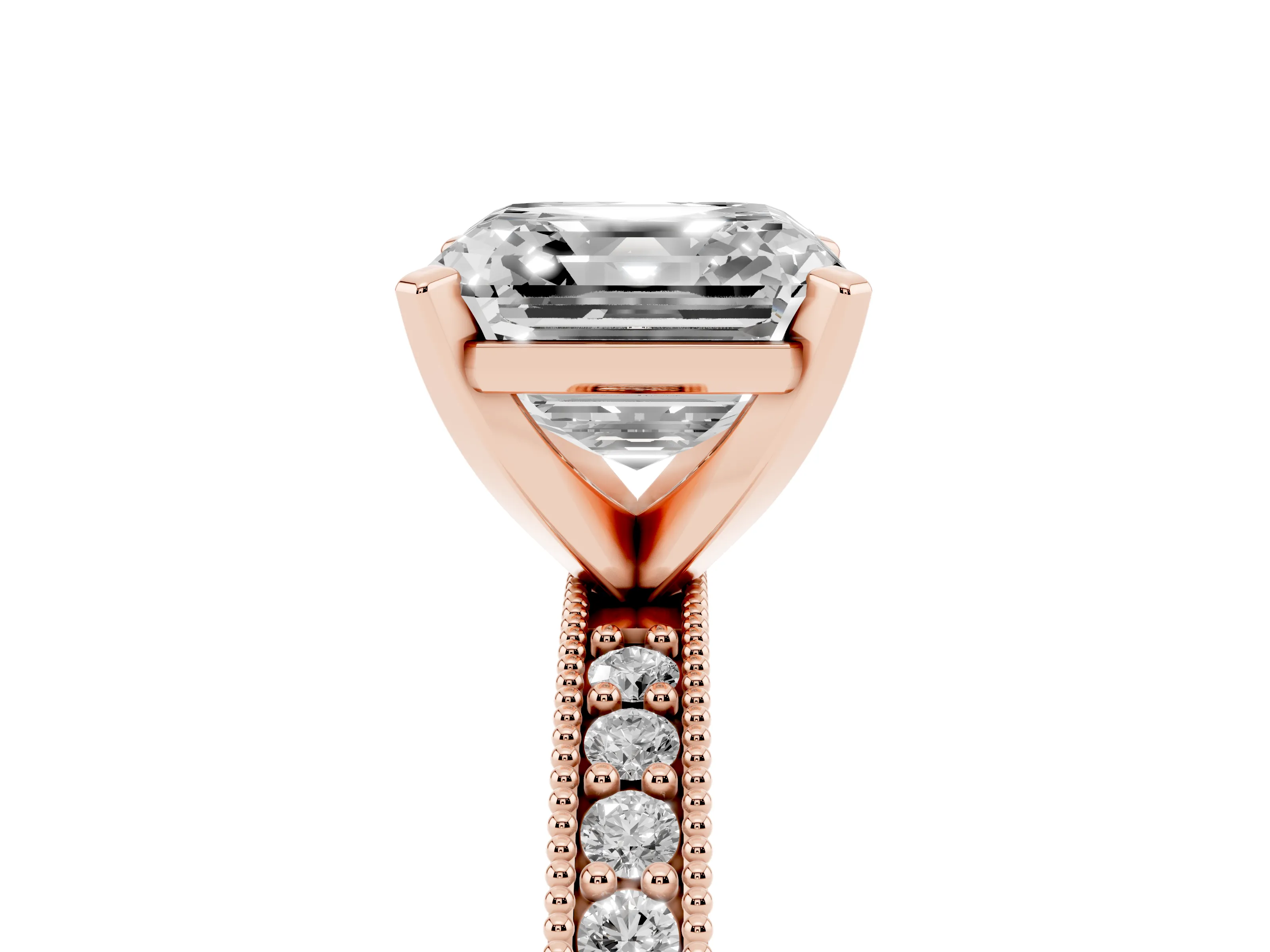 Asscher Cut Diamond Milgrain Pavé Engagement Ring Set in Rose gold with Prong Setting