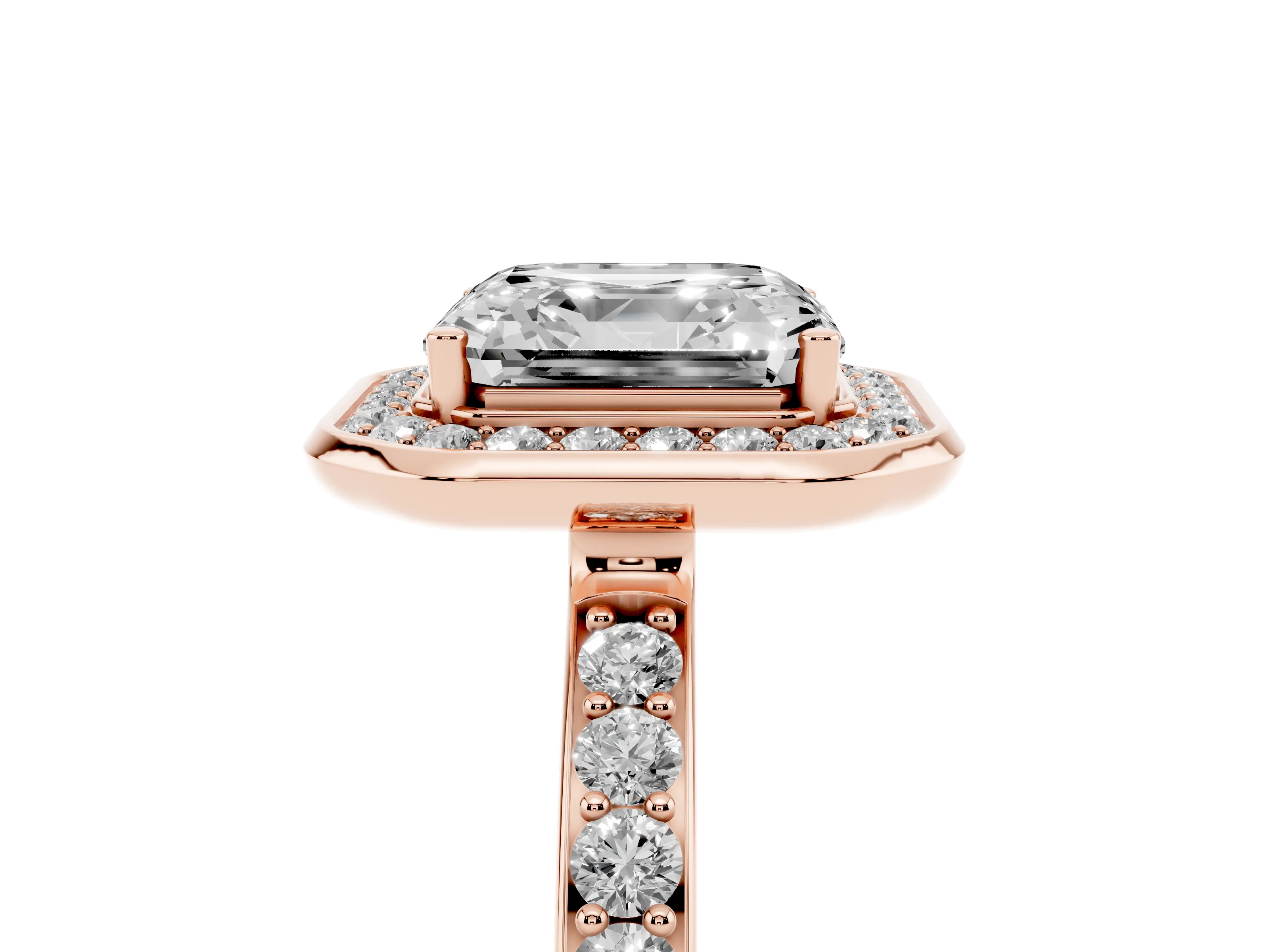 Asscher Cut Diamond Halo Ring Set in Rose gold with Bezel Frame and Pavé Band