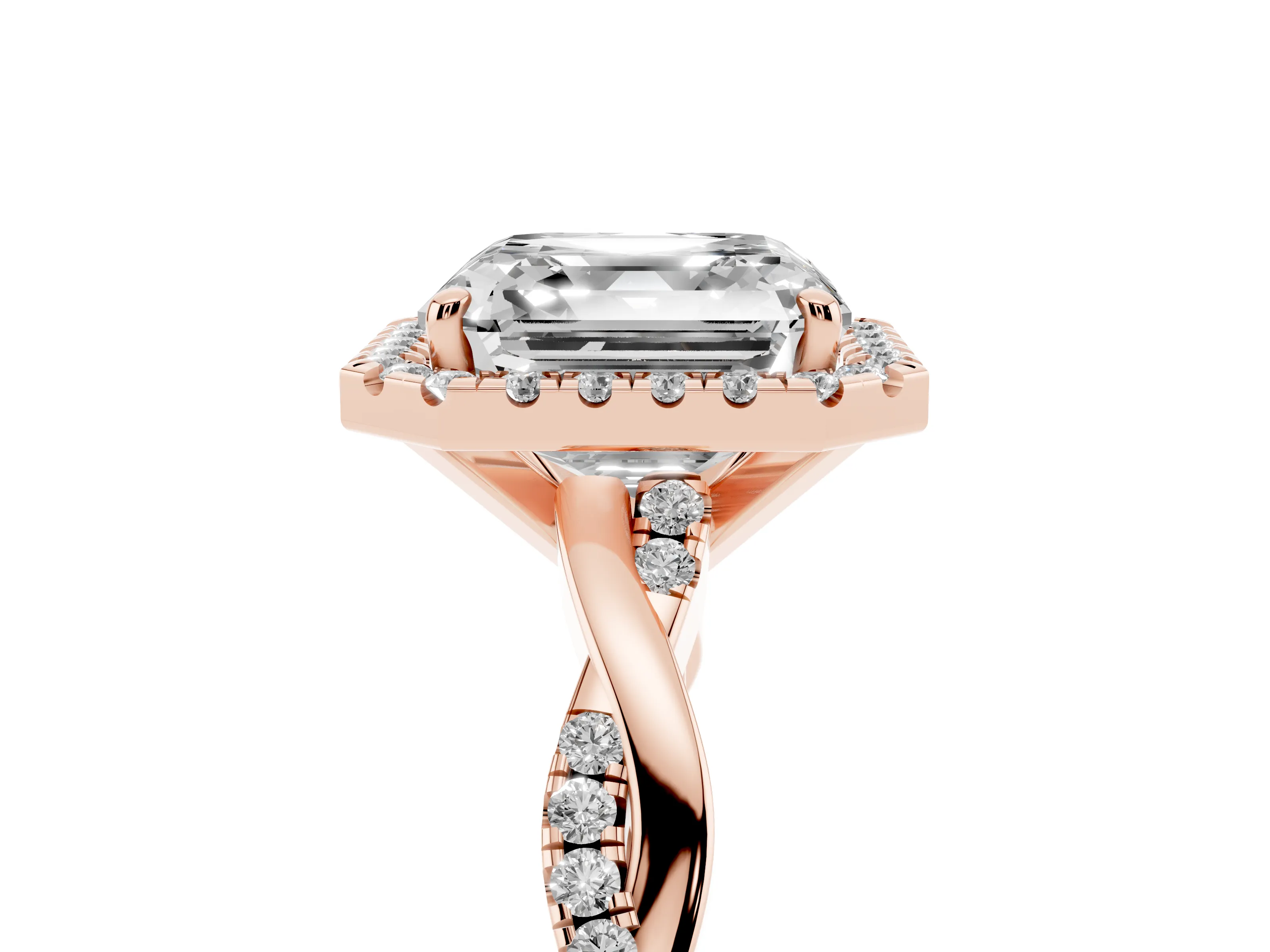 Asscher Cut Diamond Halo Twisted Band Ring Set in Rose gold with Prong Setting