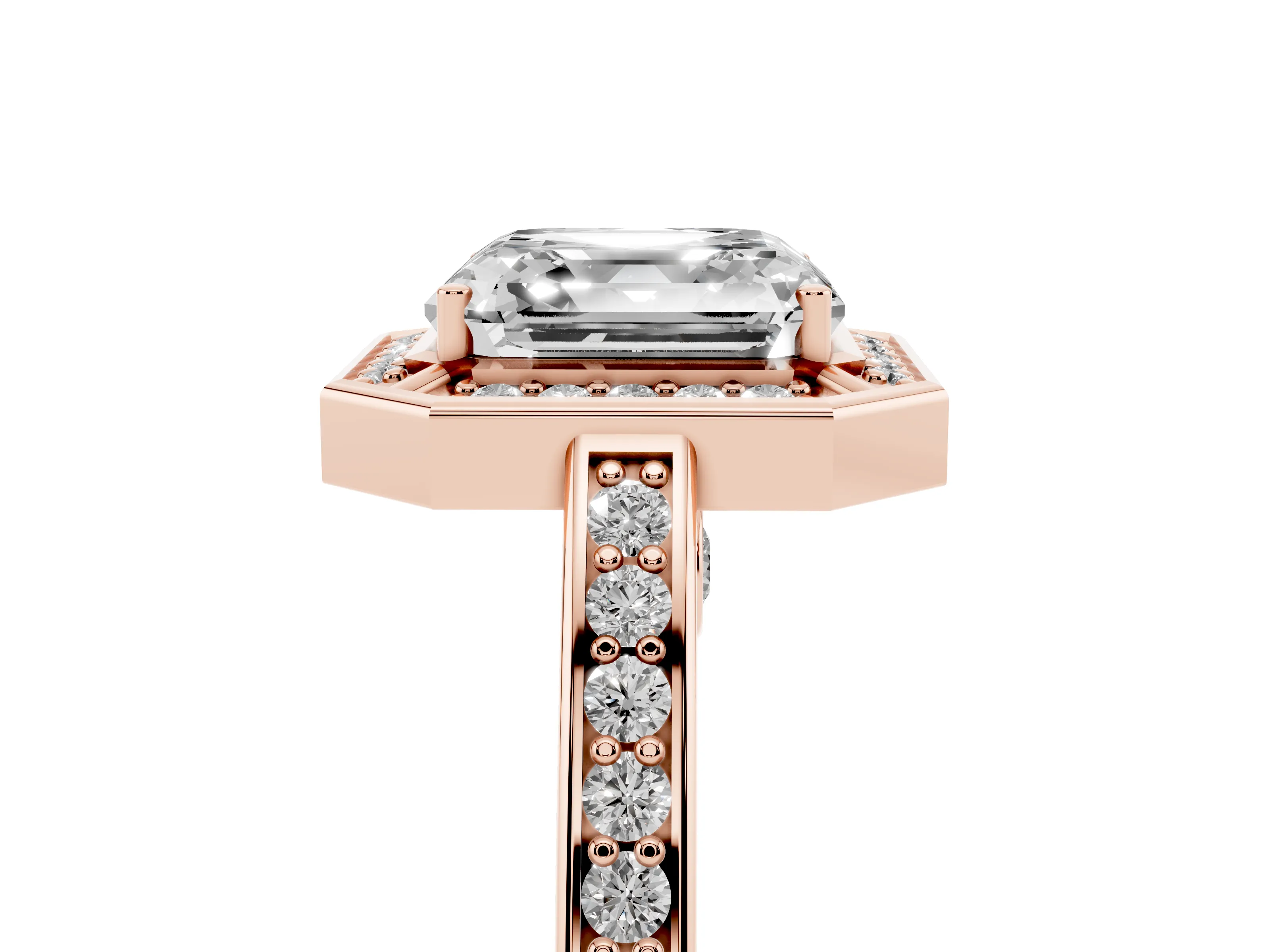 Asscher Cut Diamond Halo Pavé Split Shank Ring Set in Rose gold with Prong Setting
