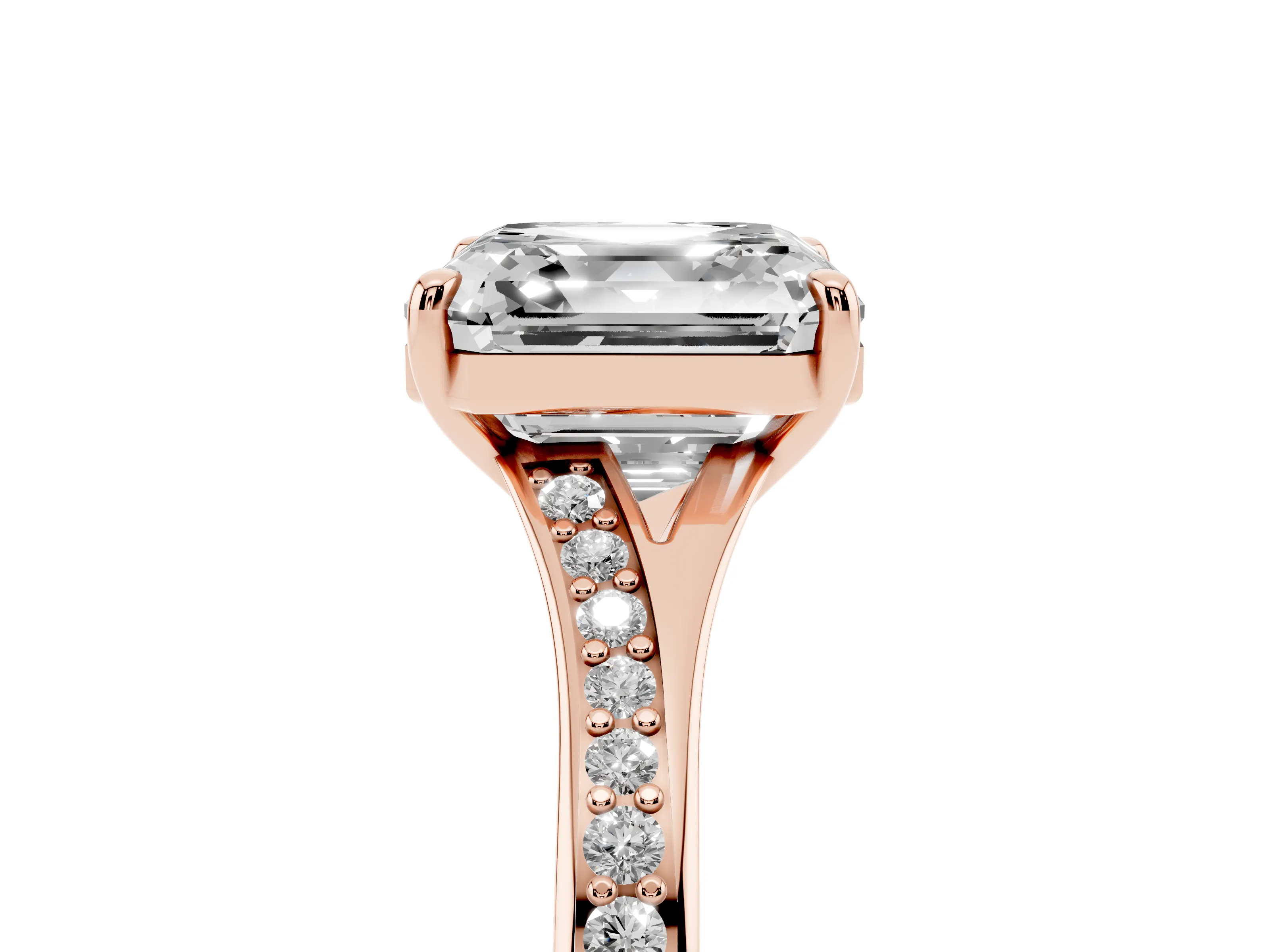 Asscher Cut Diamond Solitaire Ring Set in Rose gold with Pavé Accent Band and Classic Prong Setting