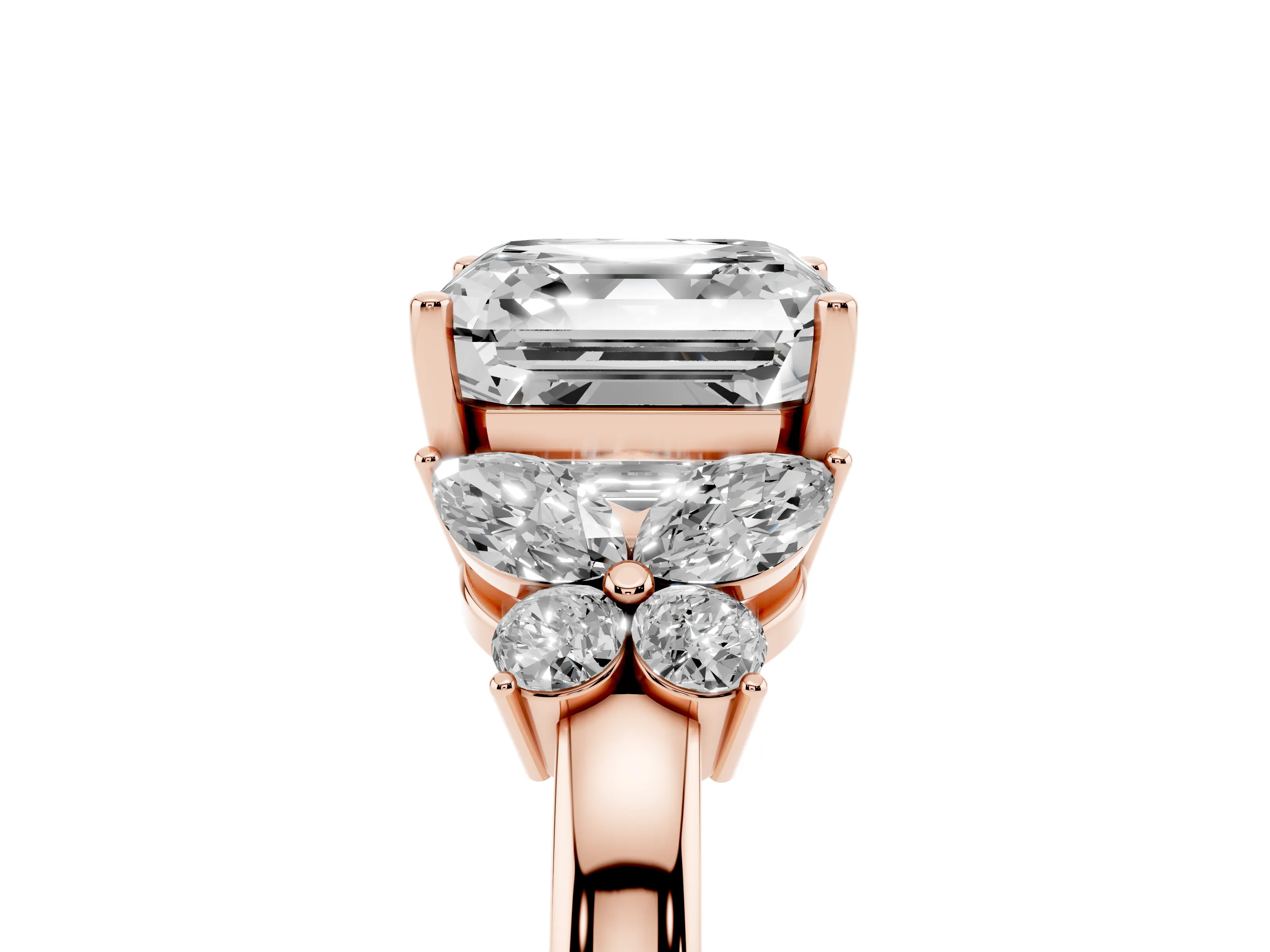 Asscher Cut Diamond Solitaire Floral Ring Set in Rose gold with Marquise Petals and Prong Setting