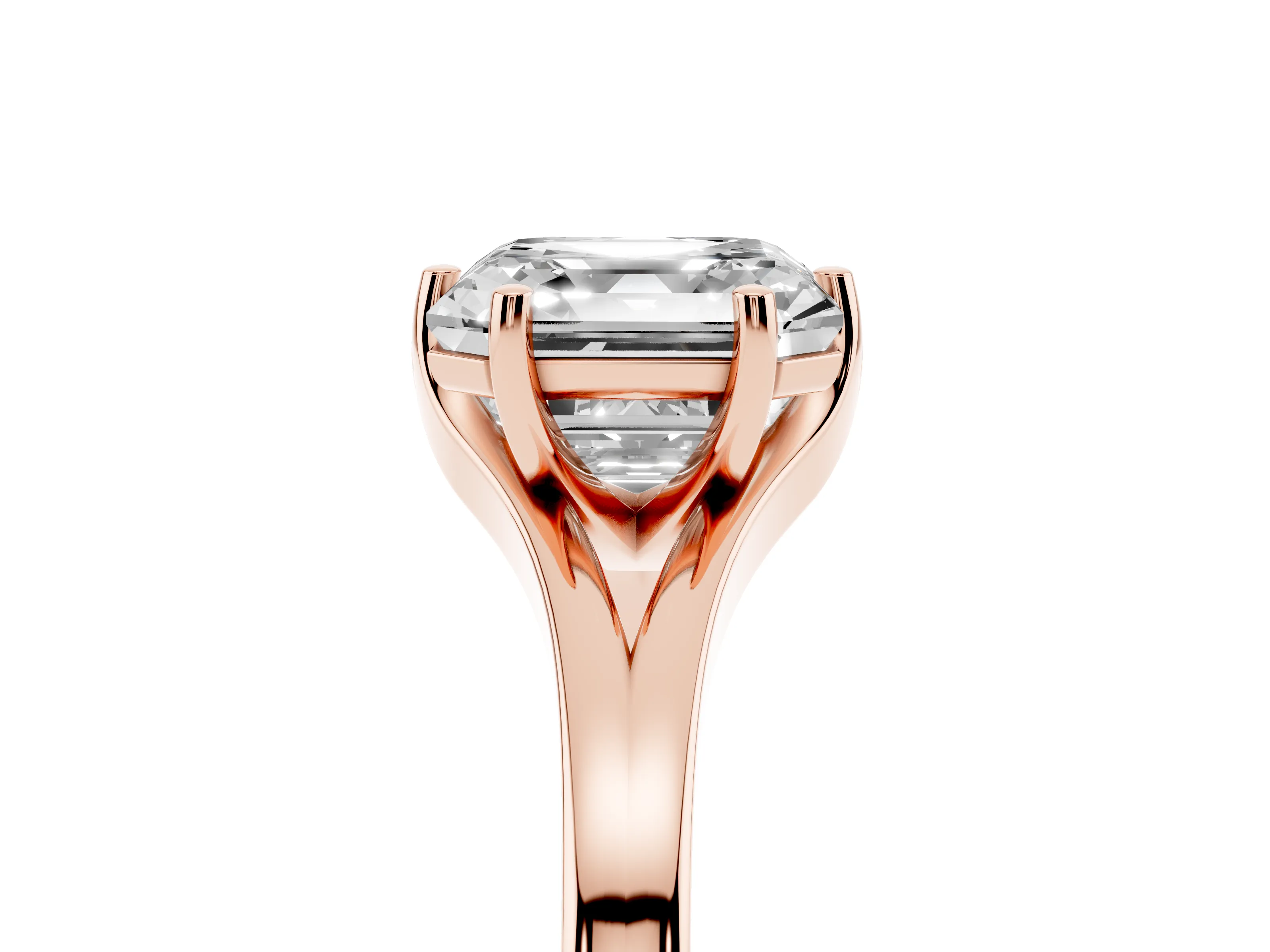 Asscher Cut Diamond Solitaire Ring Set in Rose gold with Polished Tapered Band and Prong Setting