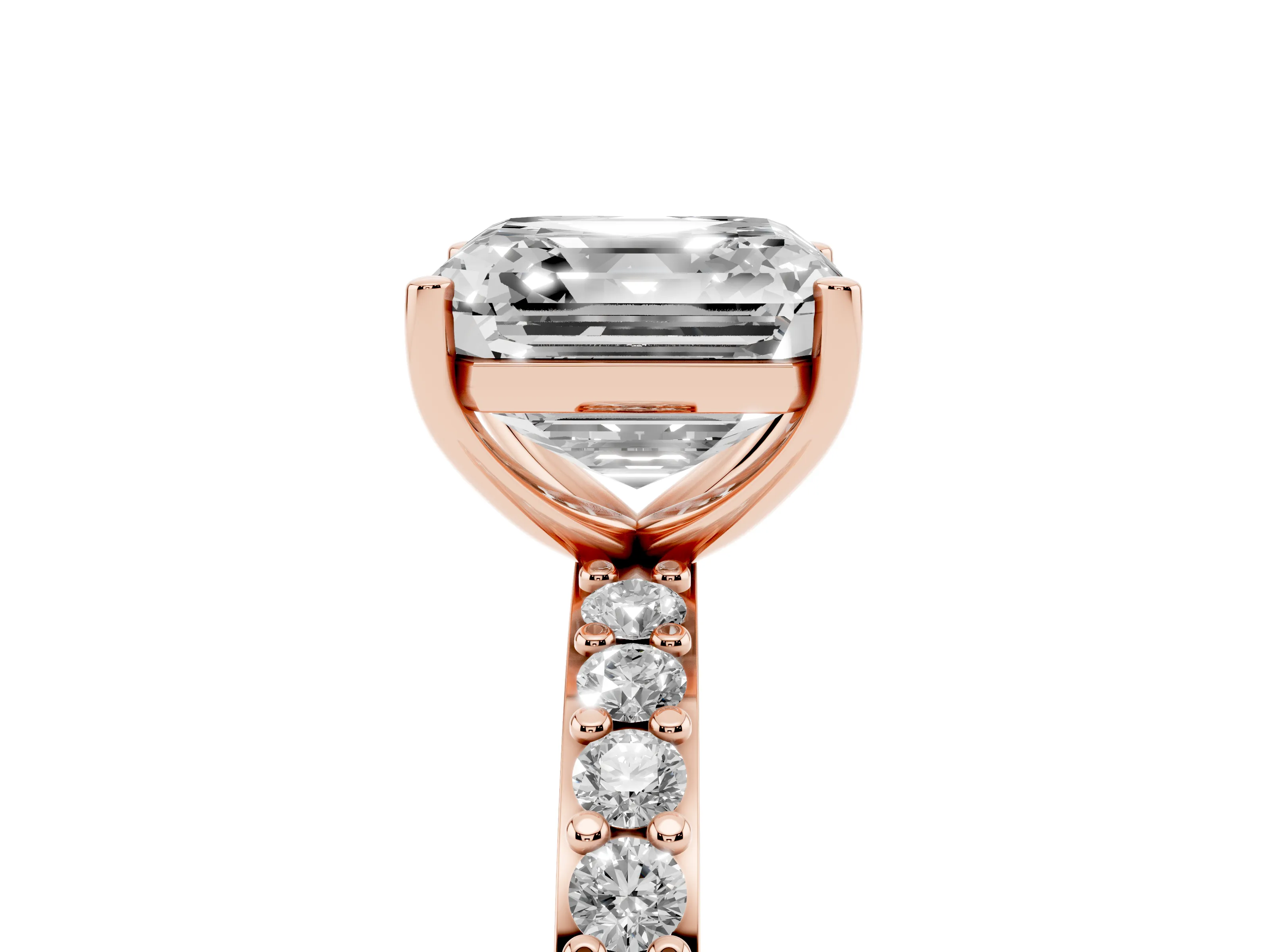 Asscher Cut Diamond Solitaire Set in Rose gold with Round Pavé Band and Prong Setting