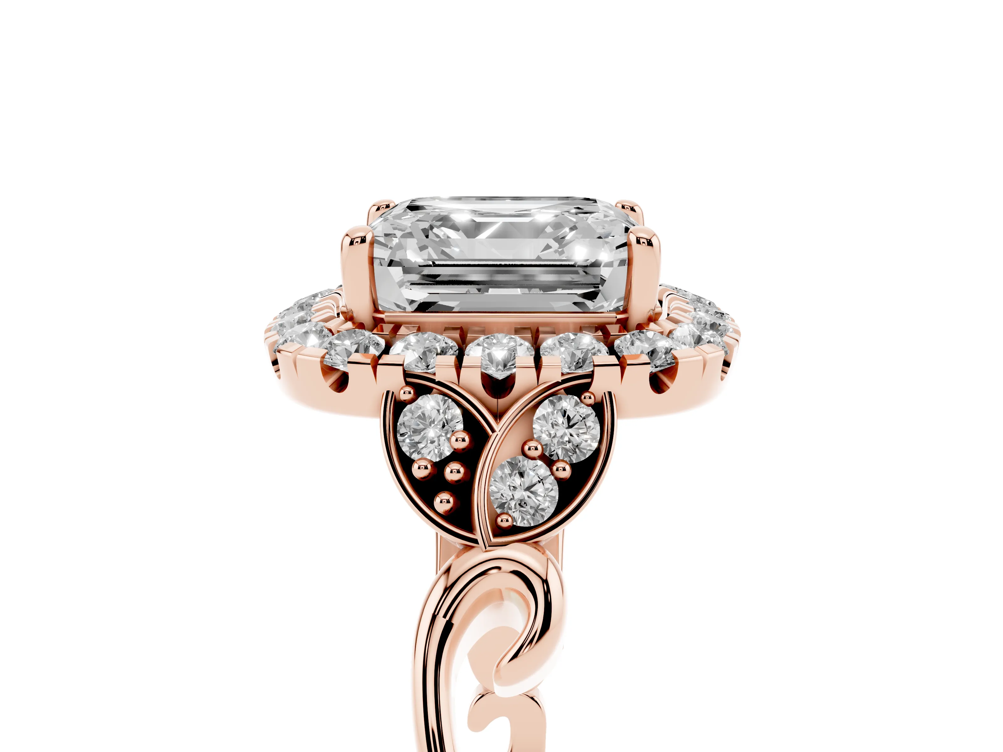 Asscher Cut Vintage Halo Engagement Ring Setting | Leaf Shoulders | Rose Gold