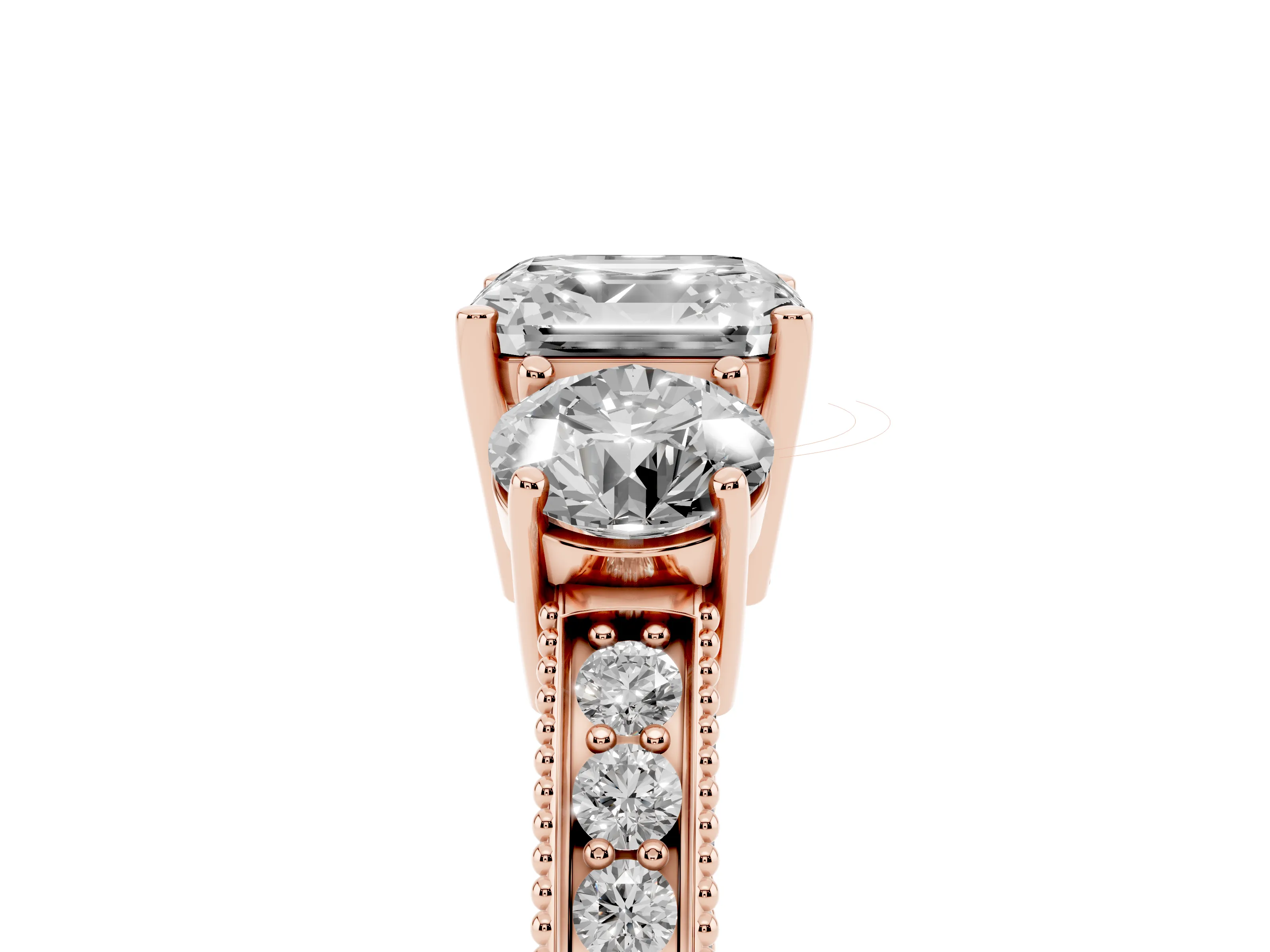 Asscher Cut Diamond Three-Stone Ring Set in Rose gold with Round Side Stones and Pavé Band