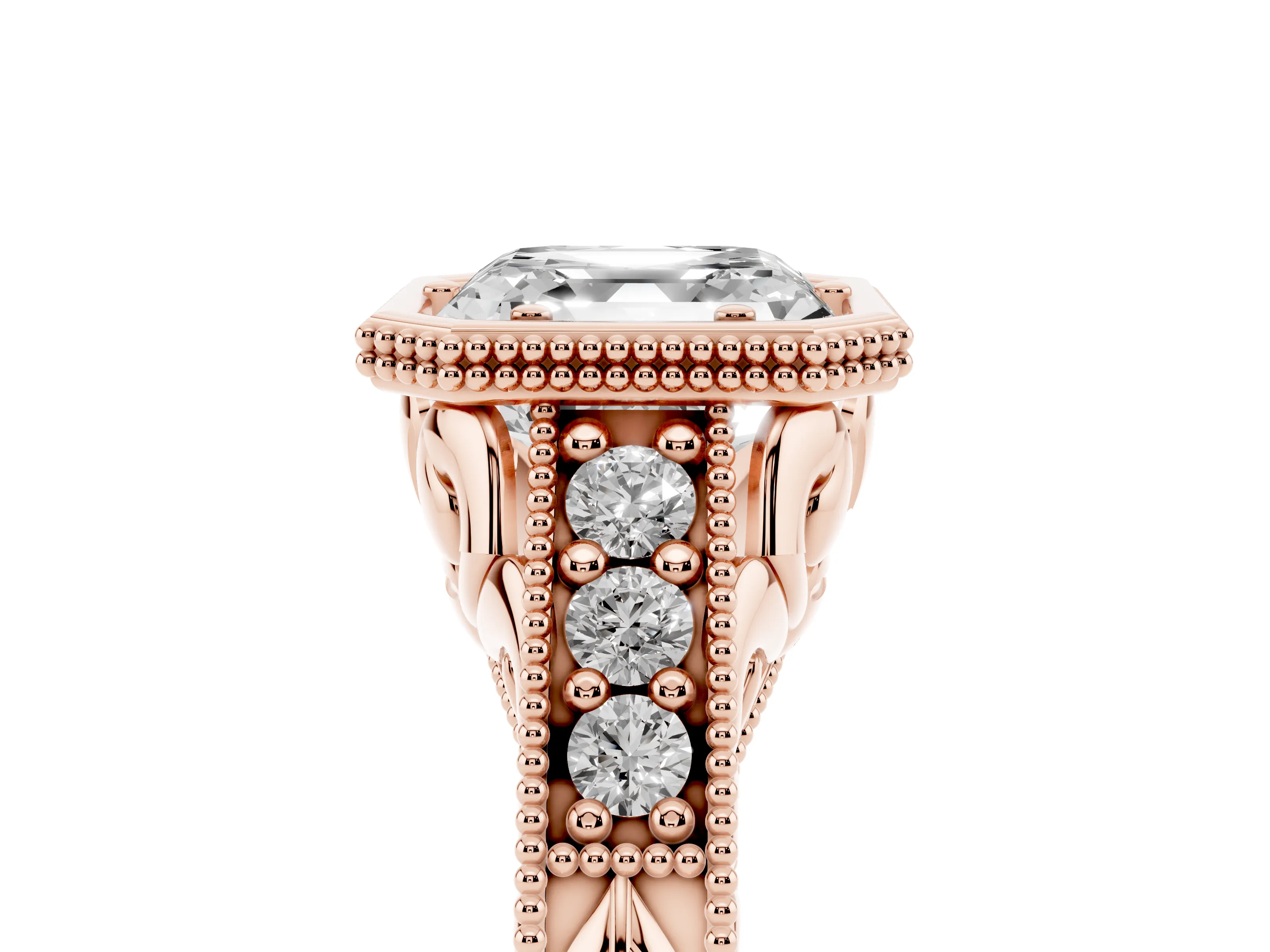 Bezel Set Asscher Cut Diamond Milgrain Pavé Engagement Ring Set in Rose gold