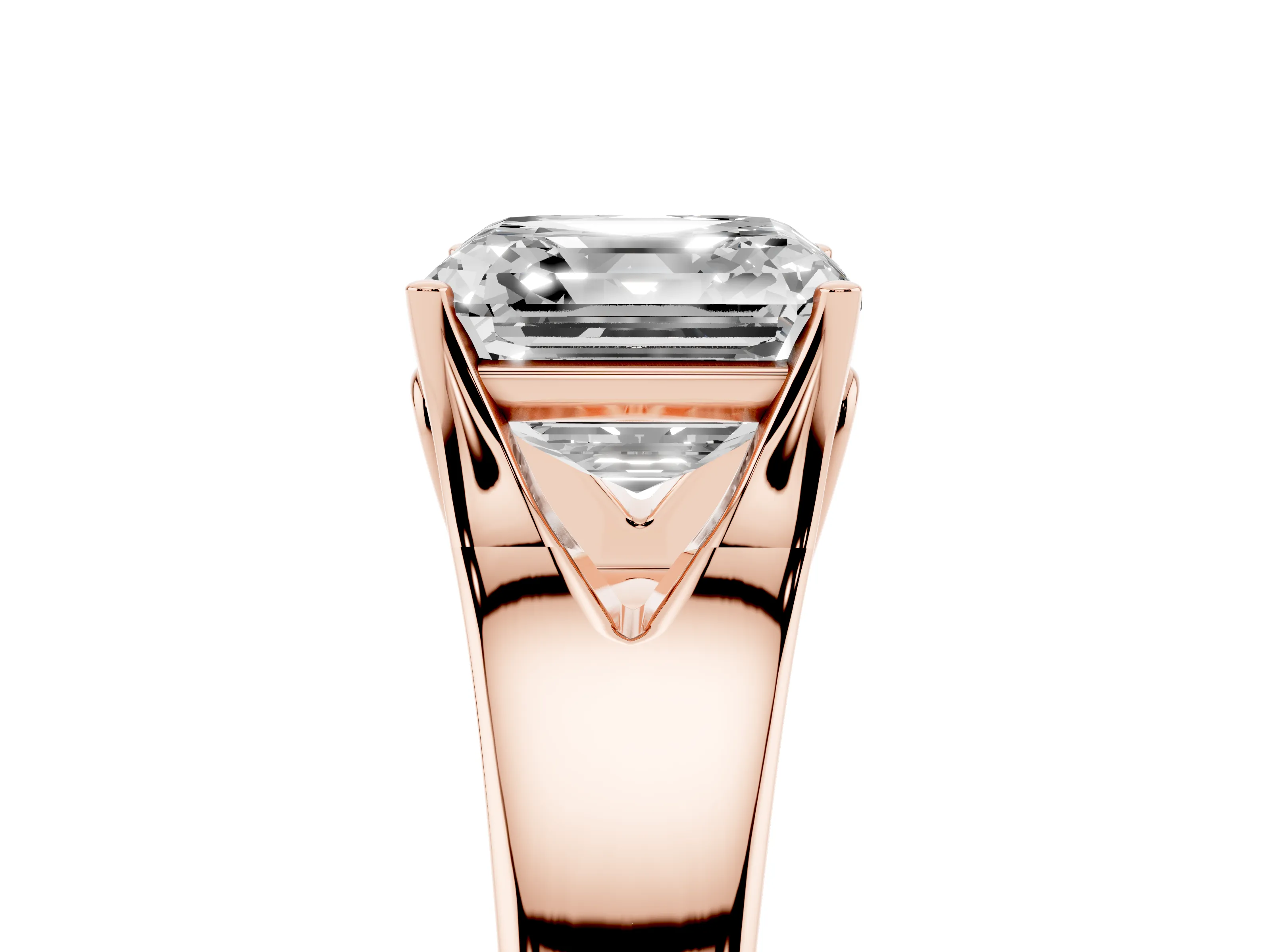 Asscher Cut Diamond Solitaire Ring Set in Rose gold with Arched Cathedral Band and Prong Setting