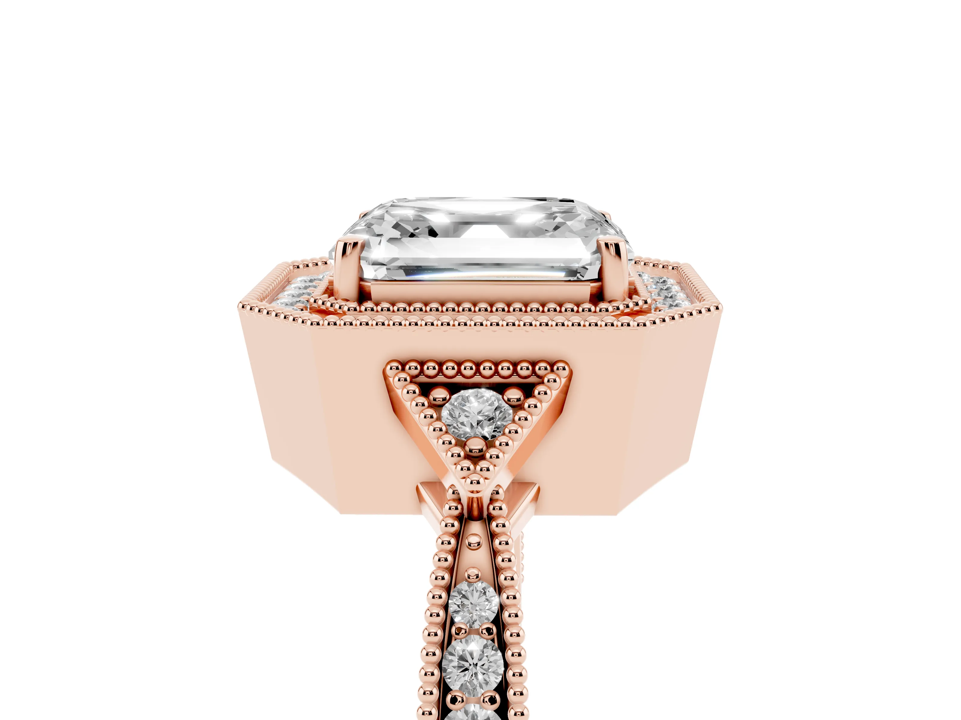 Asscher Cut Diamond Halo Engagement Ring Set in Rose gold with Milgrain Pavé Band