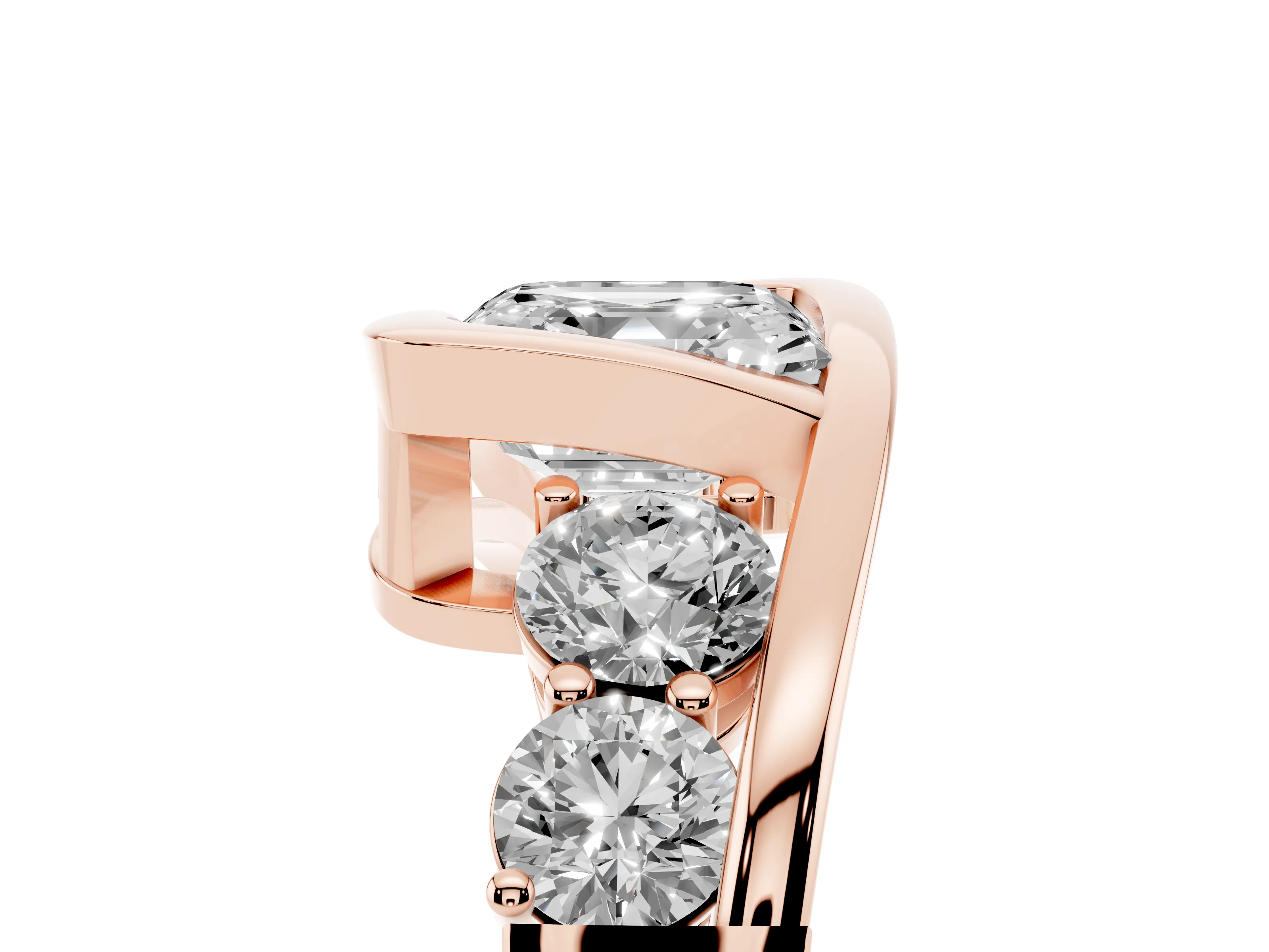 Asscher Cut Diamond Bezel Bypass Ring Set in Rose gold with Round Accents