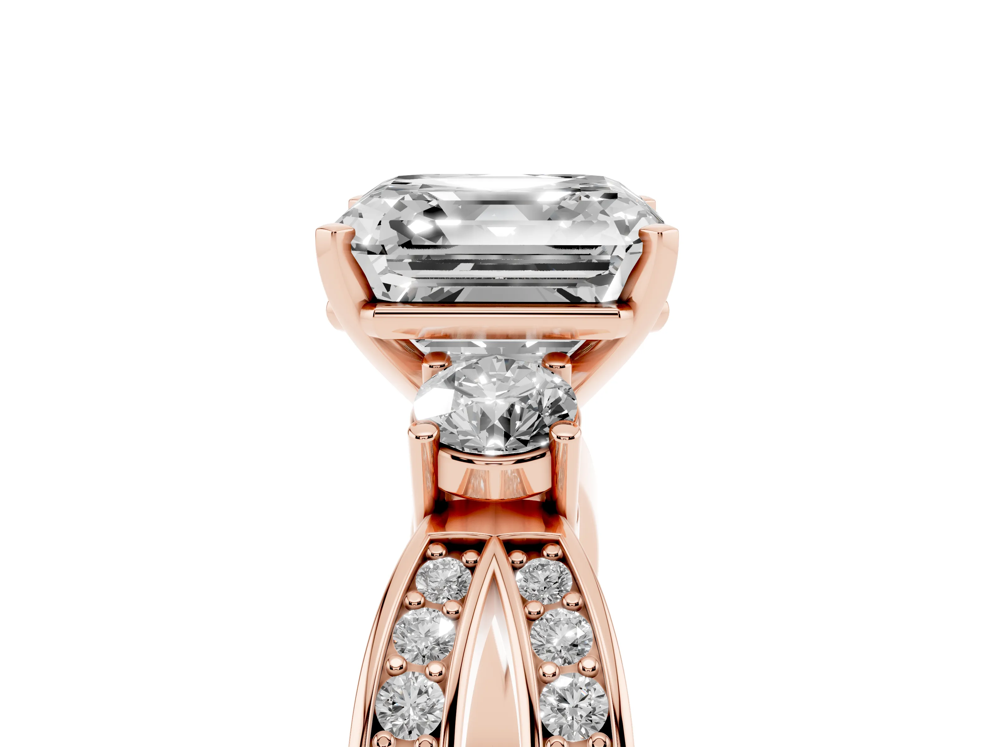 Three-Stone Asscher Cut Diamond Twist Band Ring Set in Rose gold with Pavé Accents and Prong Setting