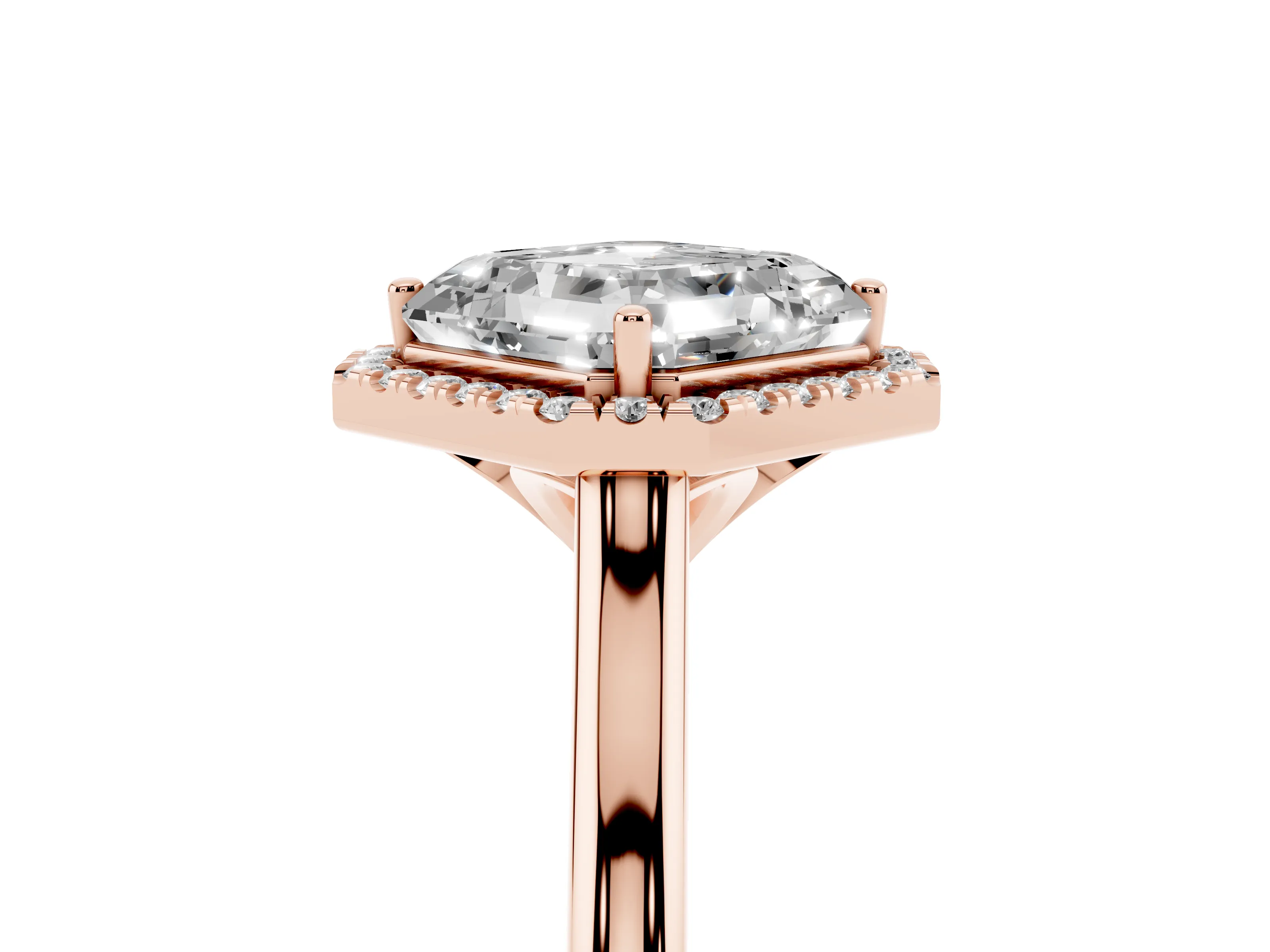 Asscher Cut Diamond Halo Engagement Ring Set in Rose gold with Pavé Band and Rising Shoulders