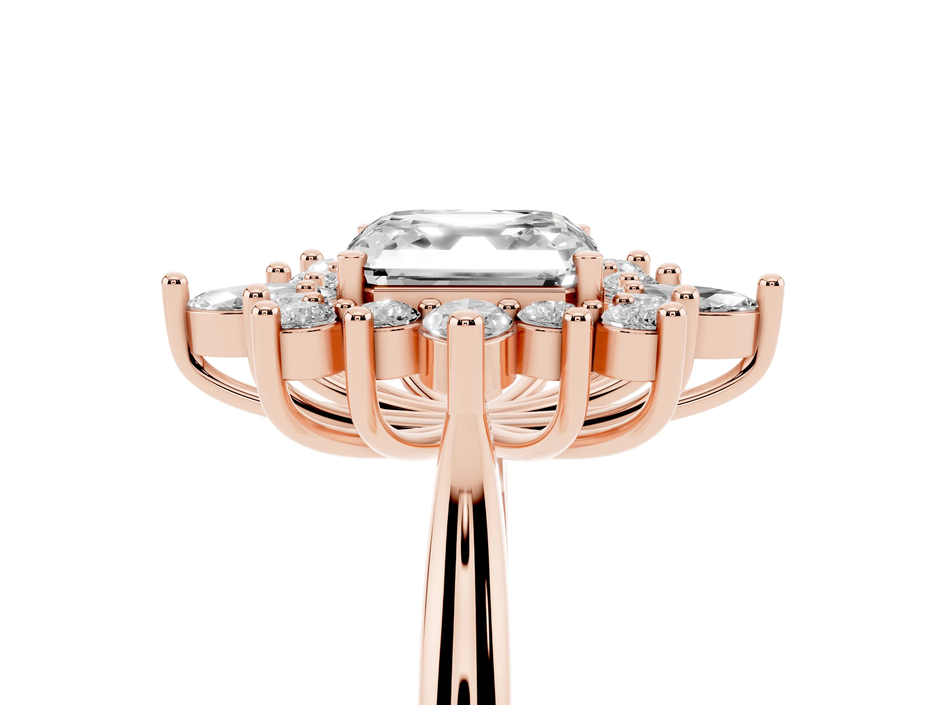Asscher Cut Diamond Cluster Halo Ring Set in Rose gold with Marquise and Round Accents