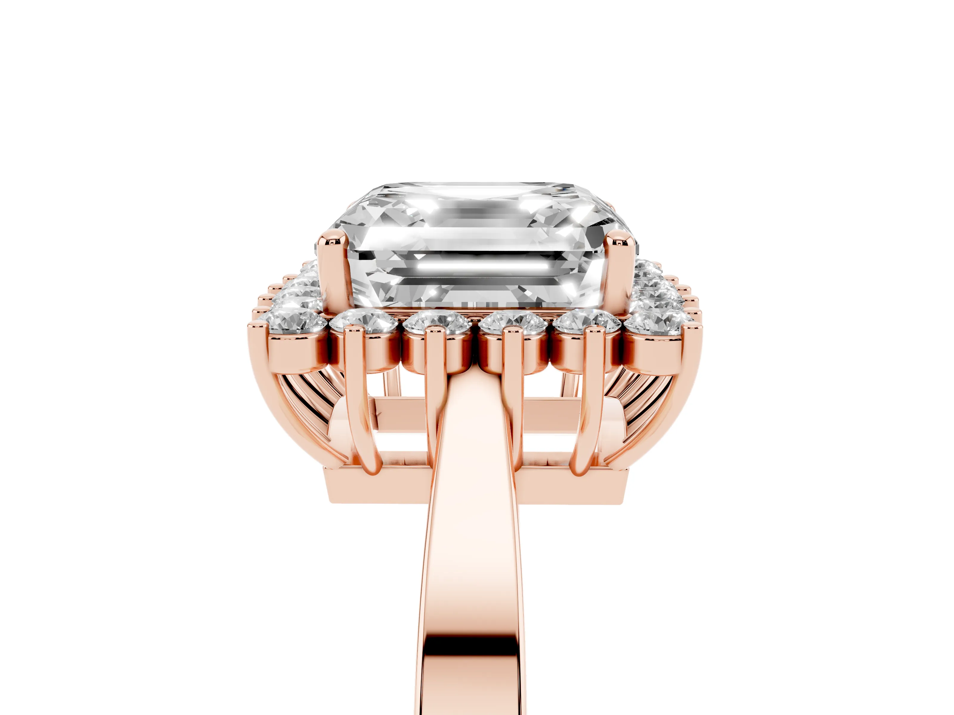Asscher Cut Diamond Halo Ring Set in Rose gold with Round Halo and Smooth Solitaire Band