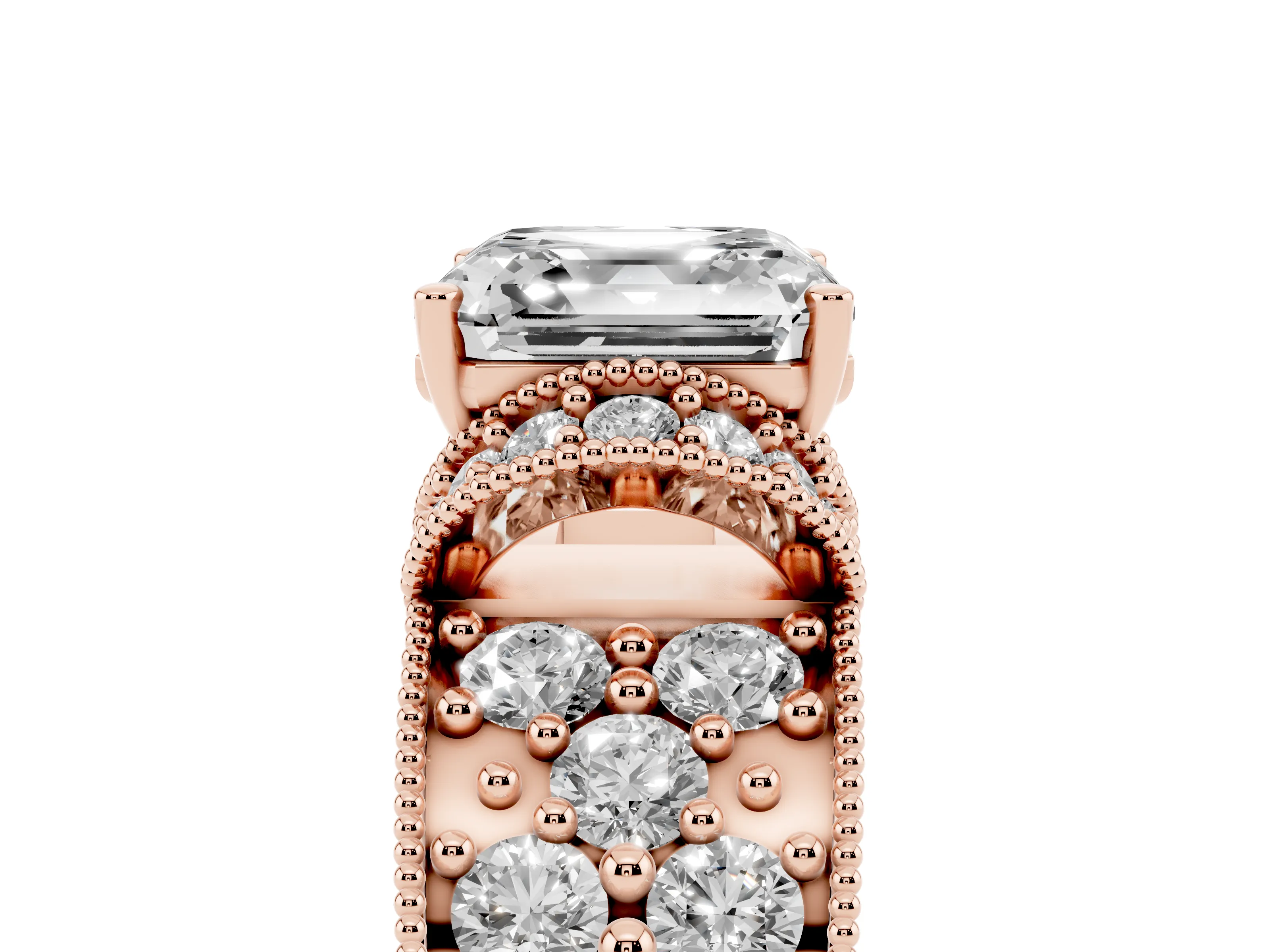 Asscher Cut Diamond Milgrain Halo Pavé Engagement Ring Set in Rose gold with Prong Setting