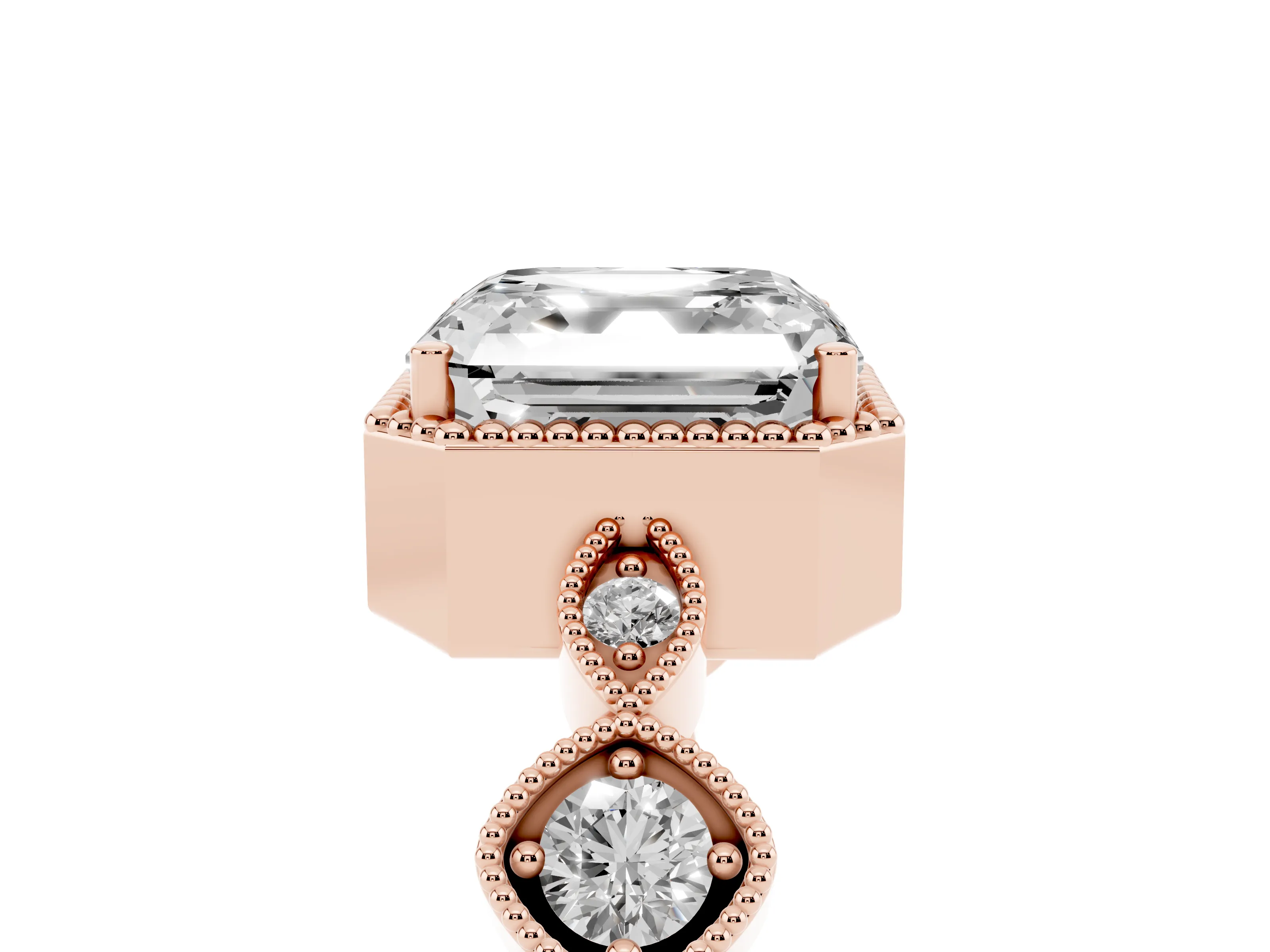 Asscher Cut Diamond Vintage-Inspired Milgrain Ring Set in Rose gold with Marquise Stations of Round Accents