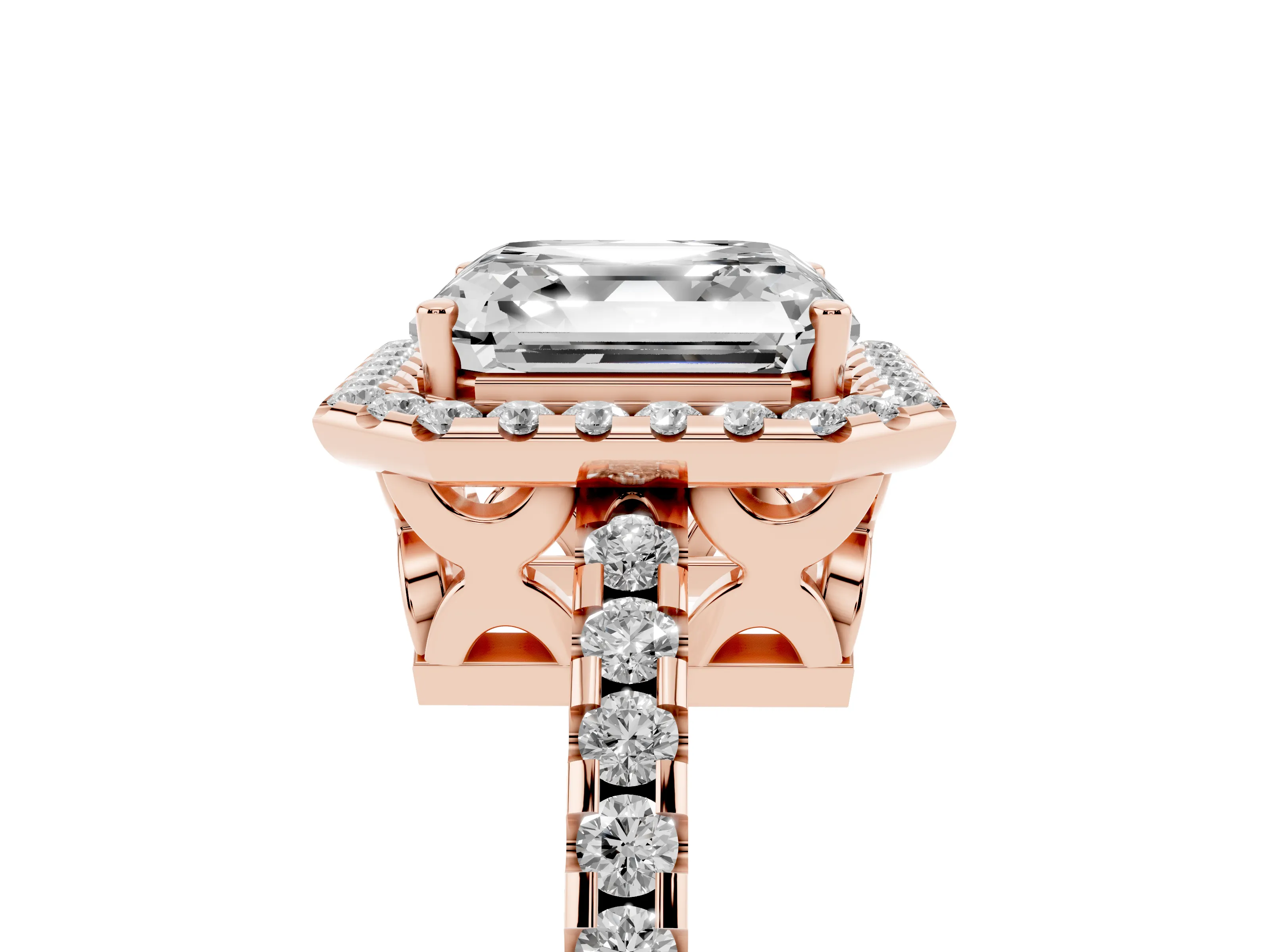 Asscher Cut Diamond Halo Ring Set in Rose gold with Pavé Shoulders and Halo-Framed Center