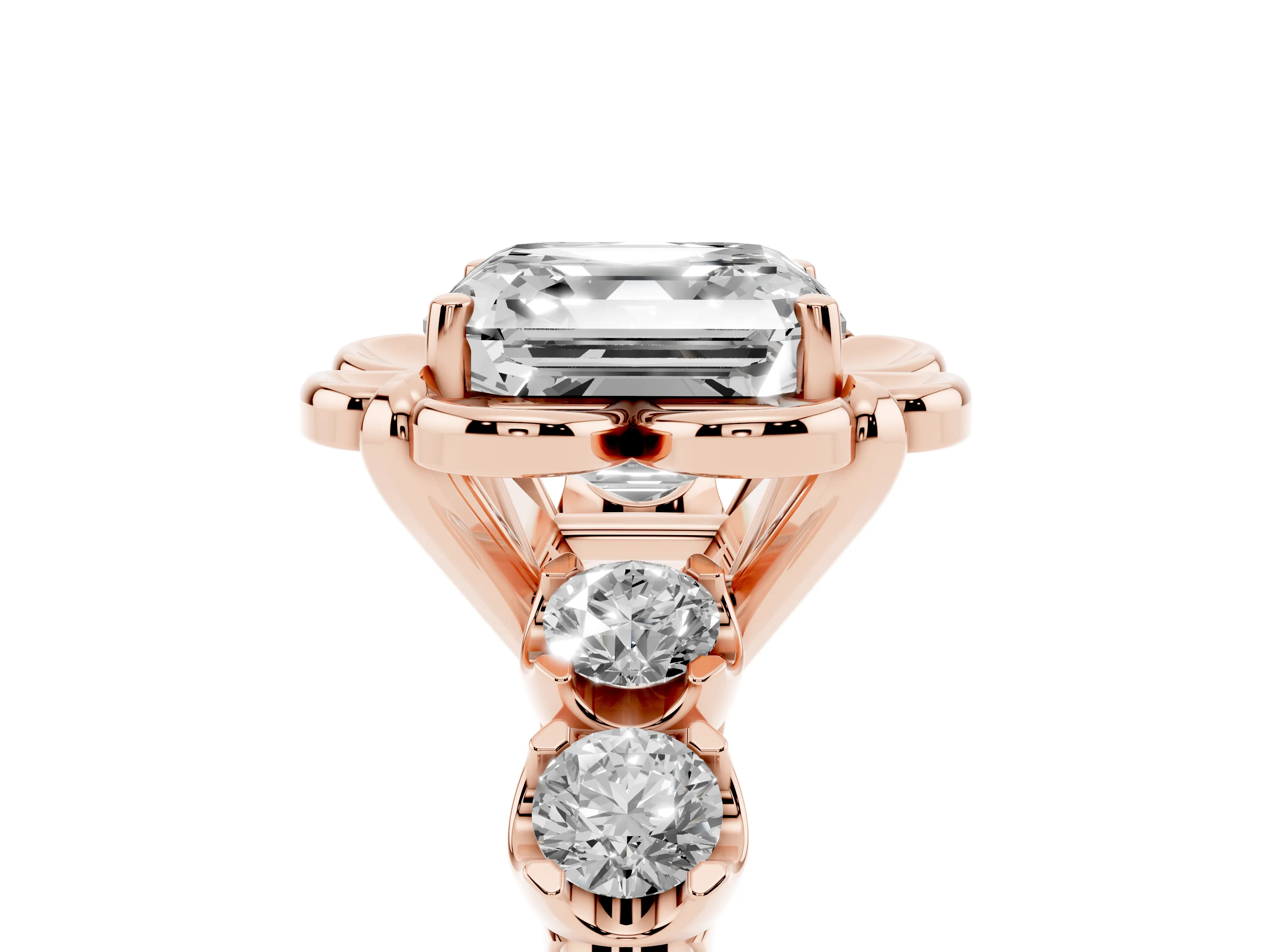 Asscher Cut Diamond Floral Halo Ring Set in Rose gold with Shared Prong Band