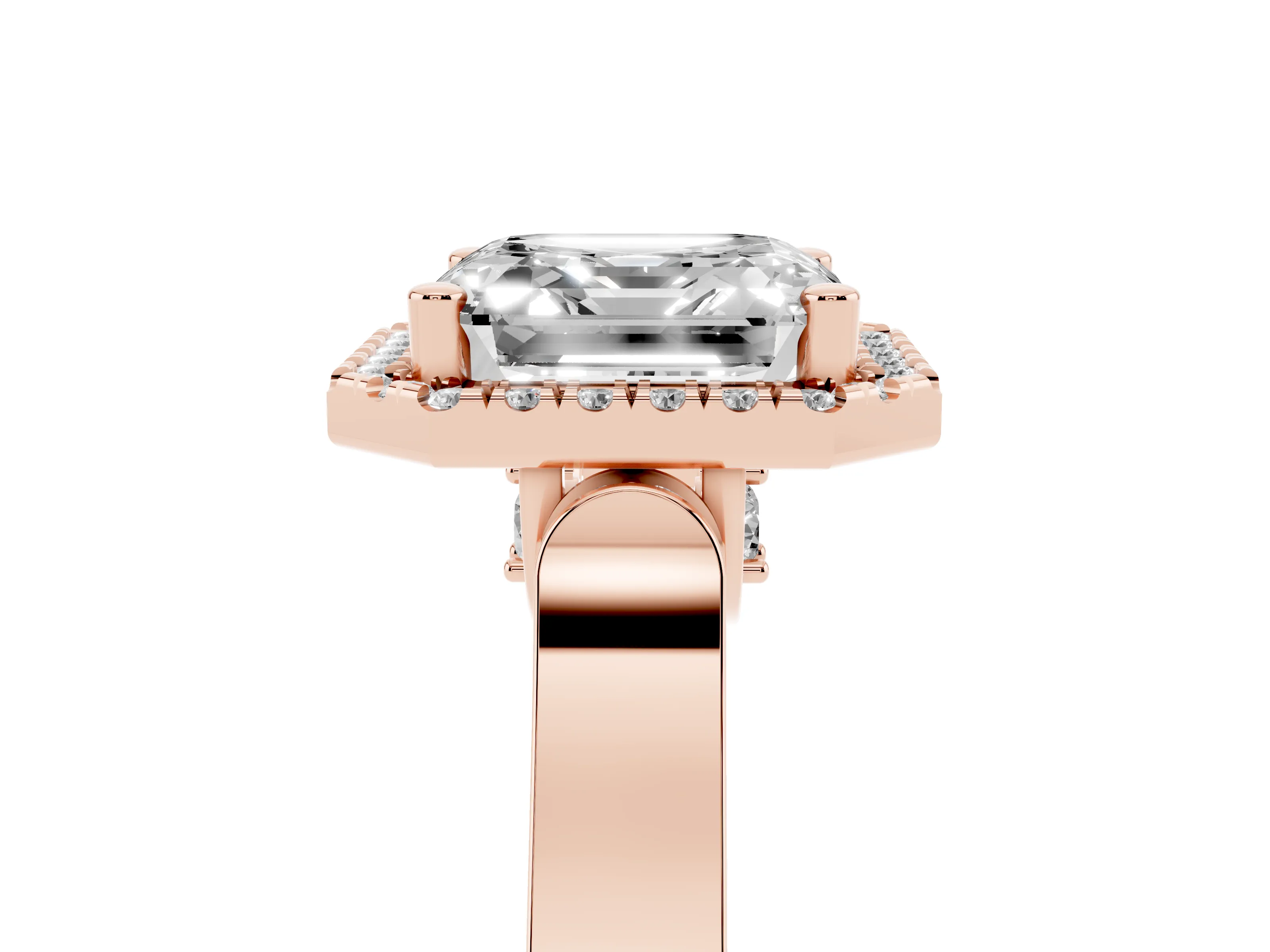 Asscher Cut Diamond Halo Ring Set in Rose gold with Pavé-Lined Split Shank Band