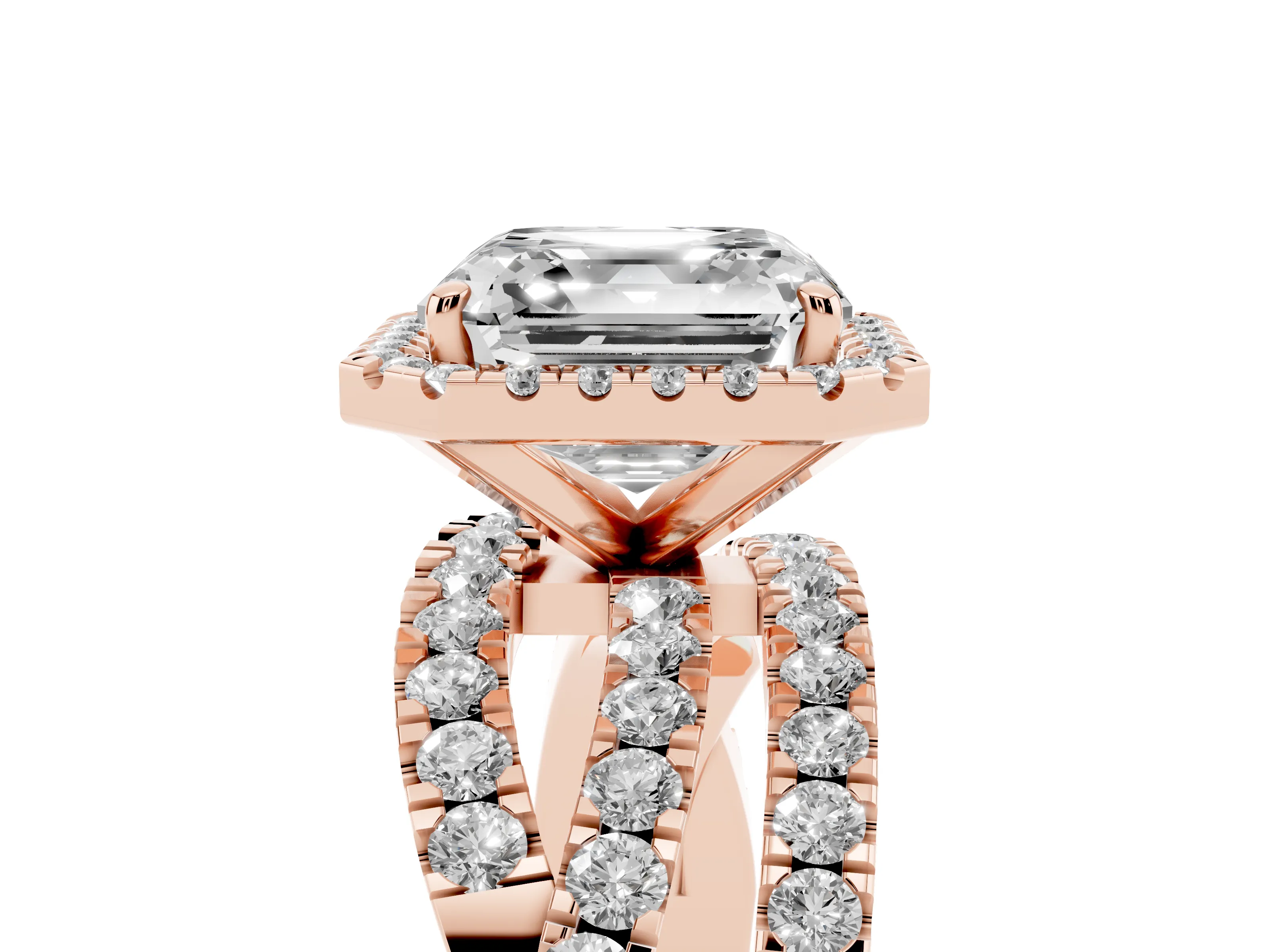 Asscher Cut Diamond Halo Ring Set in Rose gold with Round Crossover Split Shank and Prong Setting