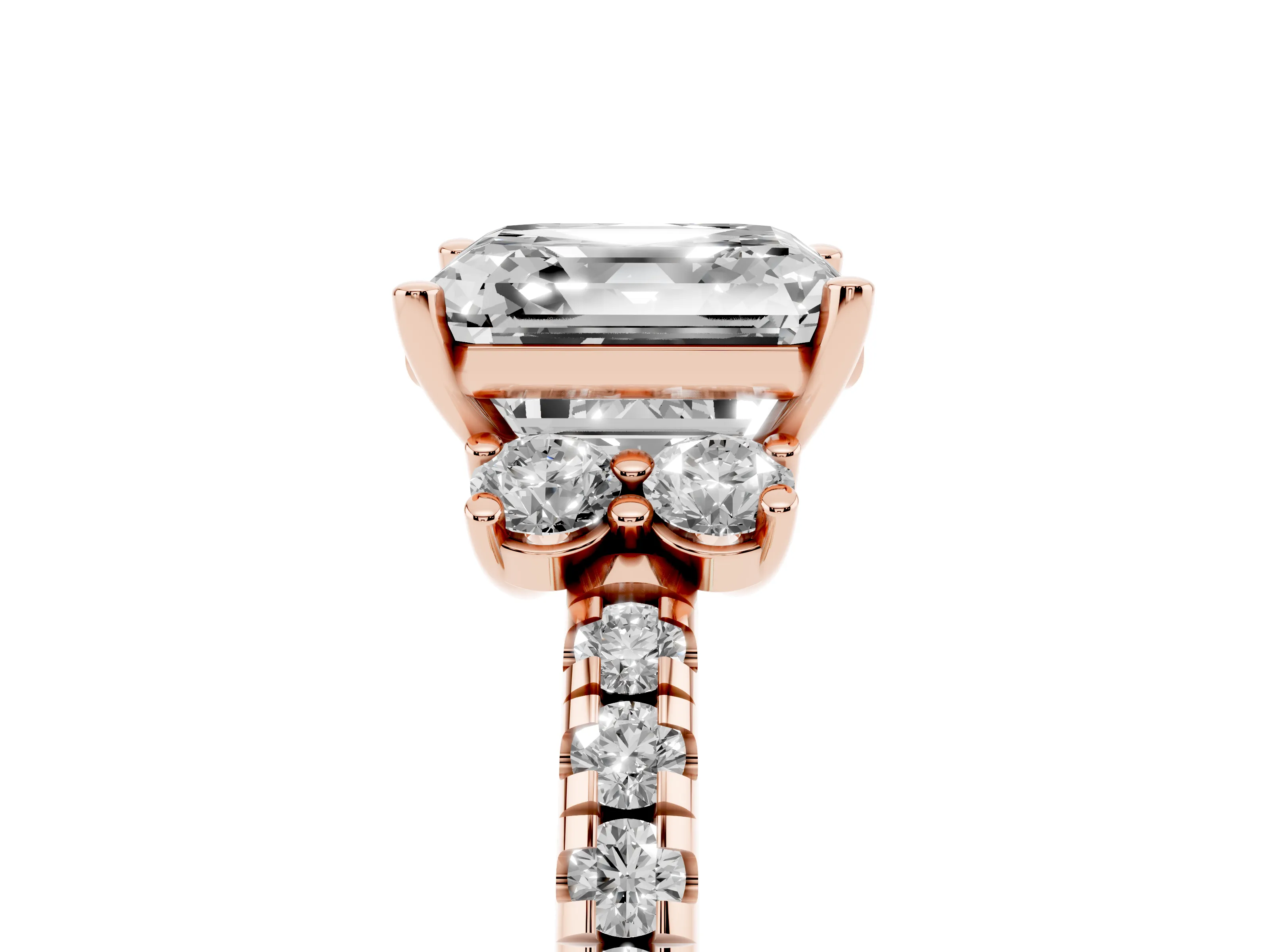 Asscher Cut Diamond Three-Stone Pavé Ring Set in Rose gold with Prong Setting