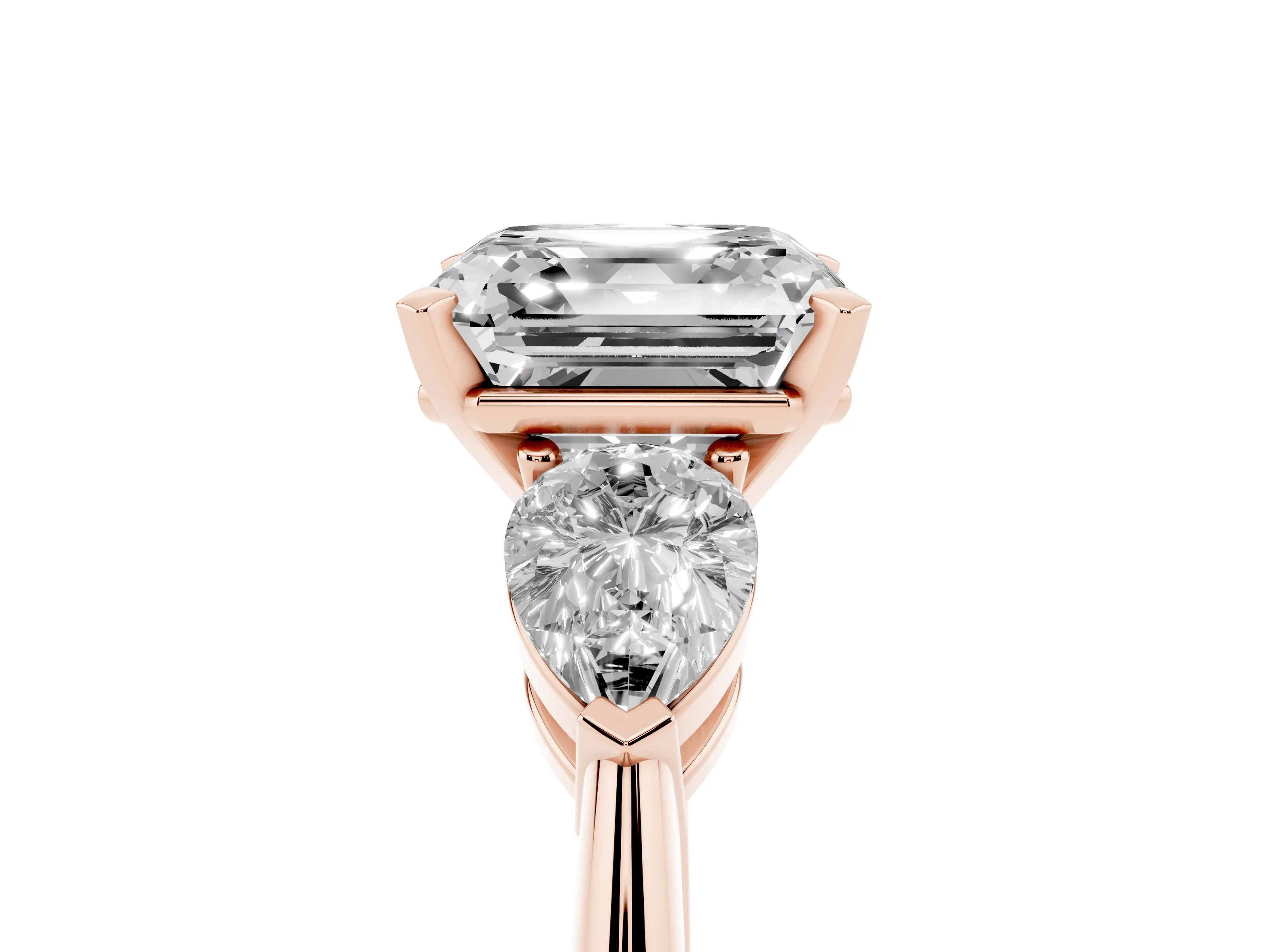 Three-Stone Asscher Cut Diamond Ring Set in Rose gold with Pear Side Stones and Prong Setting